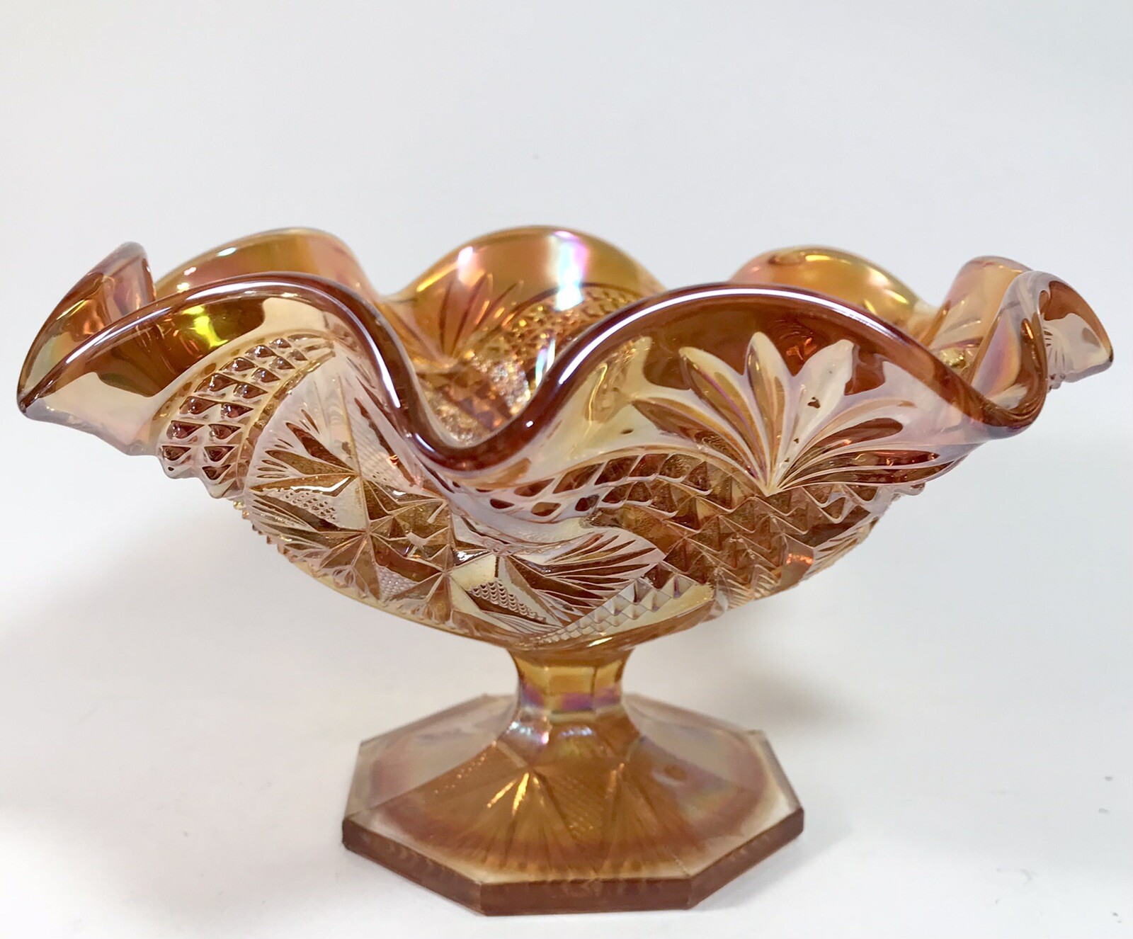 Imperial Carnival Glass Compote Bowl Marigold Scroll Eastern Star 7.5″ Footed