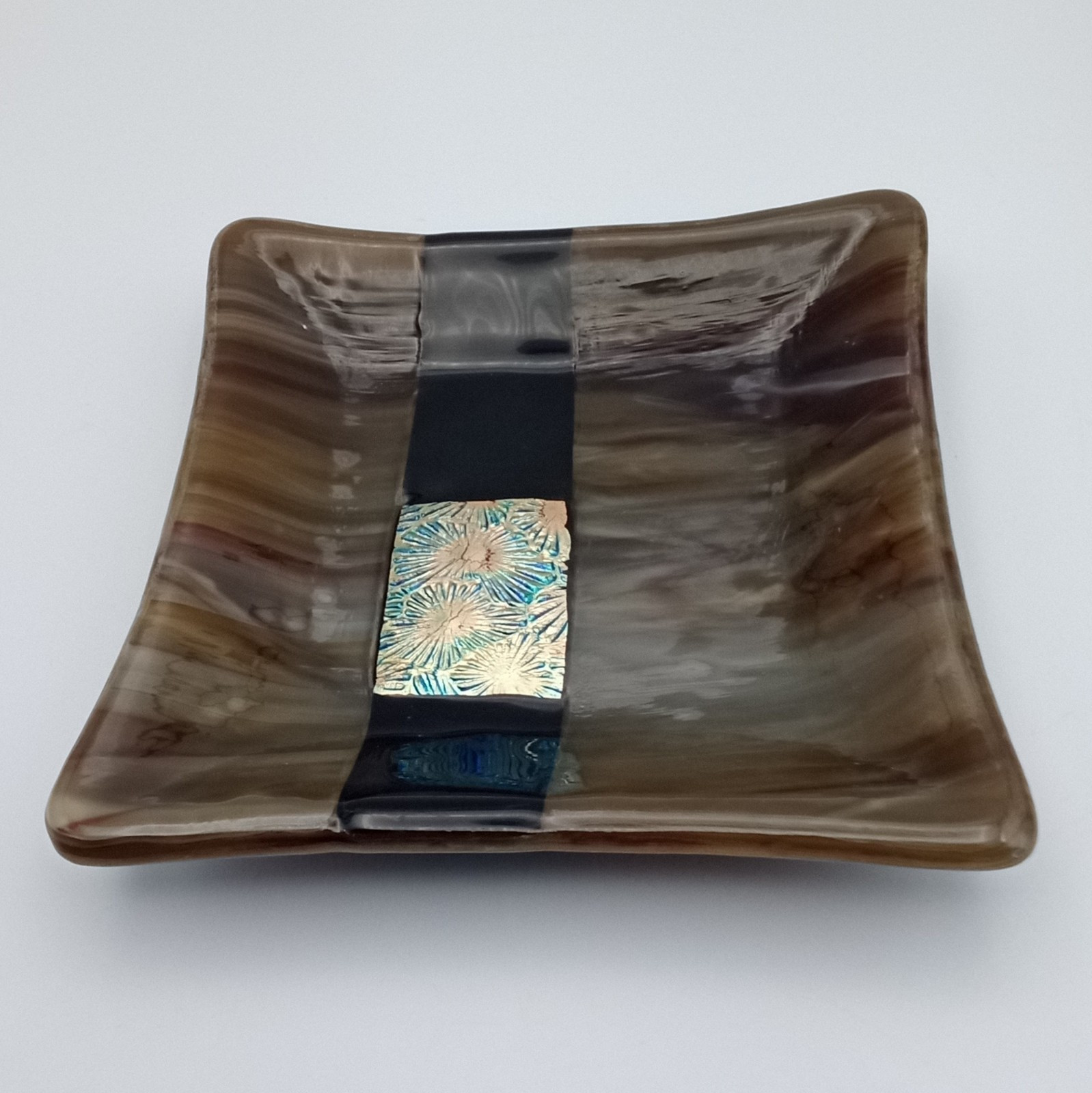 Dichroic Fused Glass Square Trinket Dish Brown Black Copper Abstract Signed