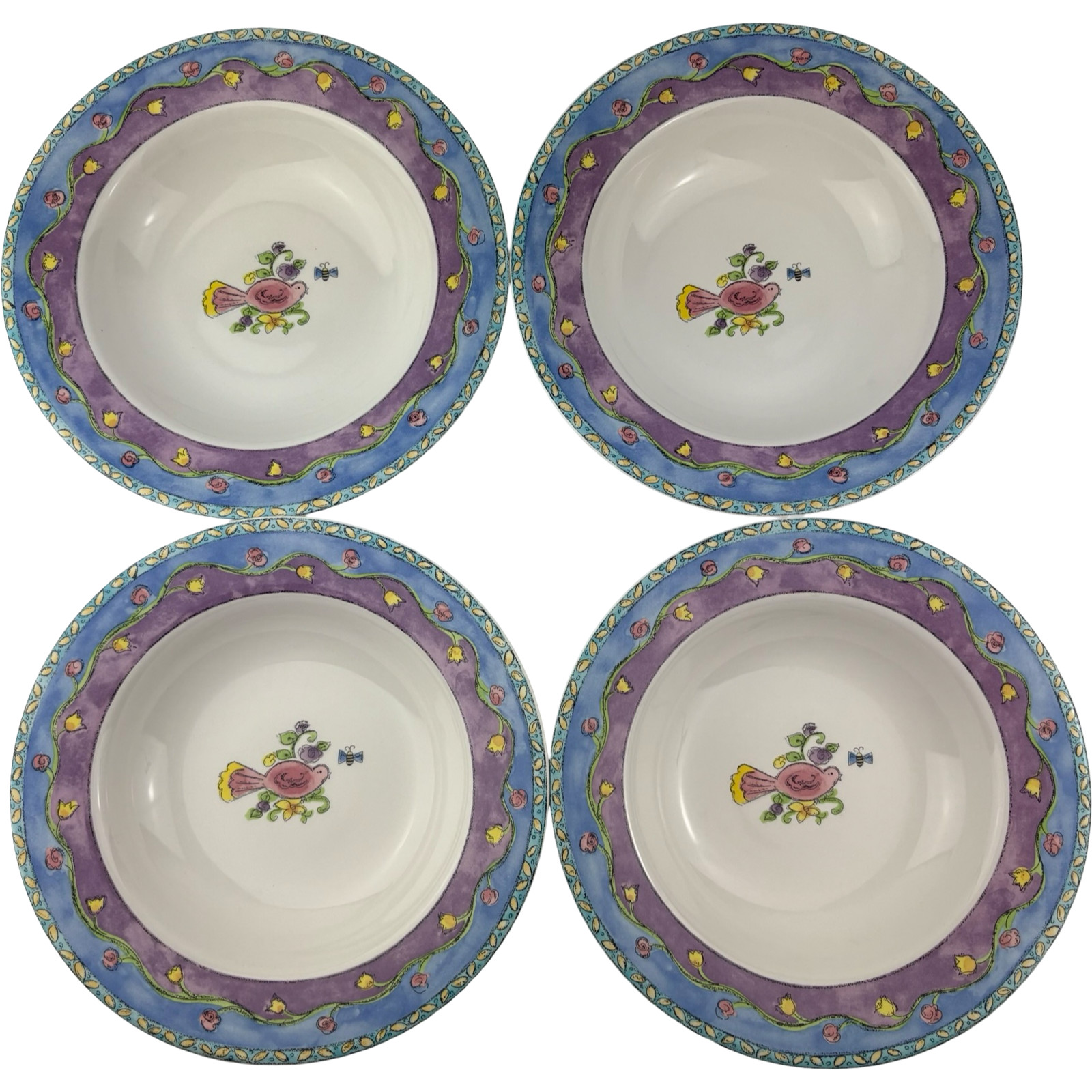 Sango Birds and the Bees Soup Bowls Set of 4 VTG 8 3/4″ Sue Zipkin Stoneware A
