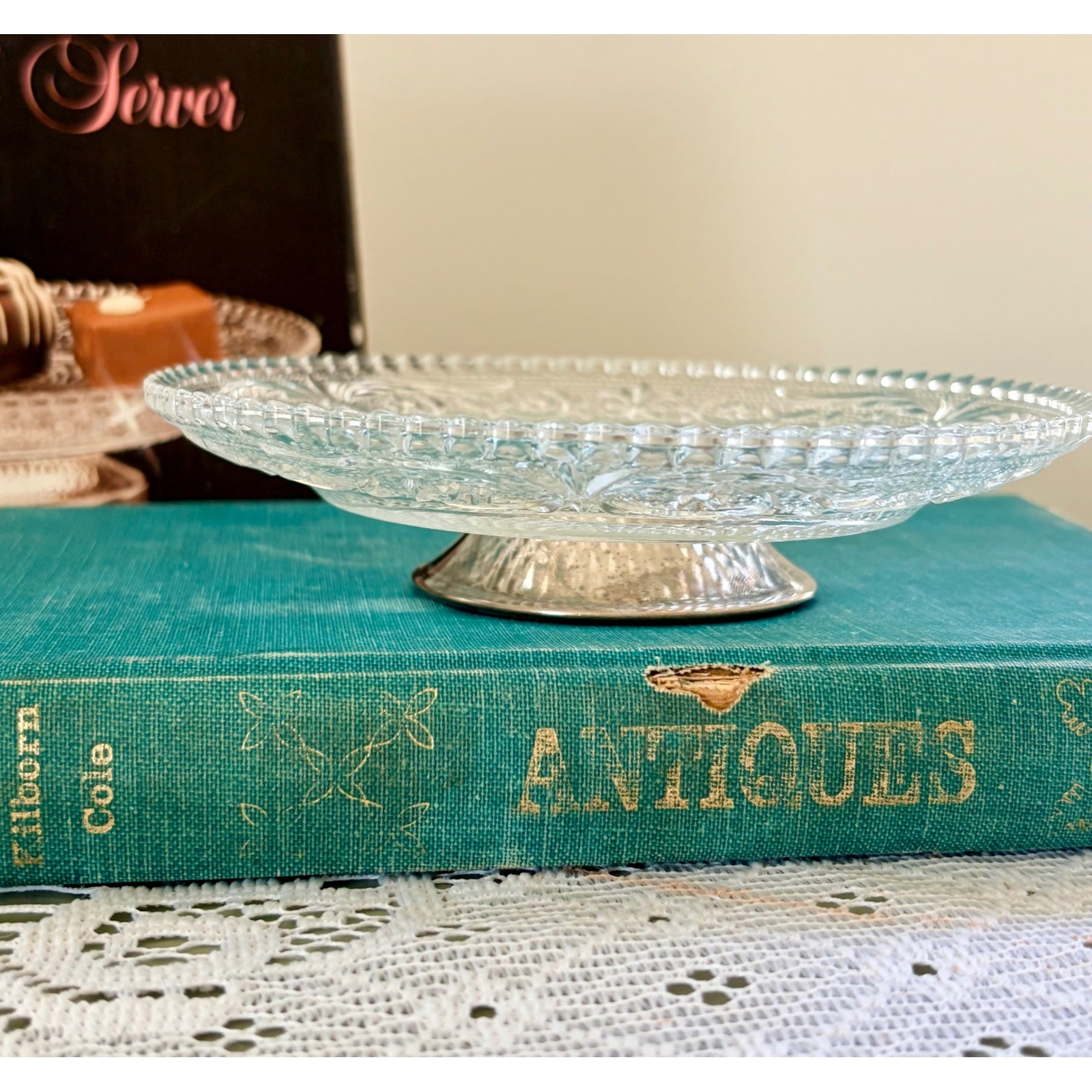 Vintage Silverplated Pedestal Server Pressed Glass Candy Dish AC 13922 Clear
