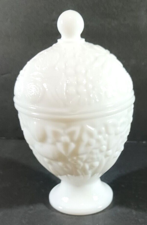 Vintage MILK GLASS COMPOTE CANDY DISH WITH LID Flowers Small White Pedestal Avon