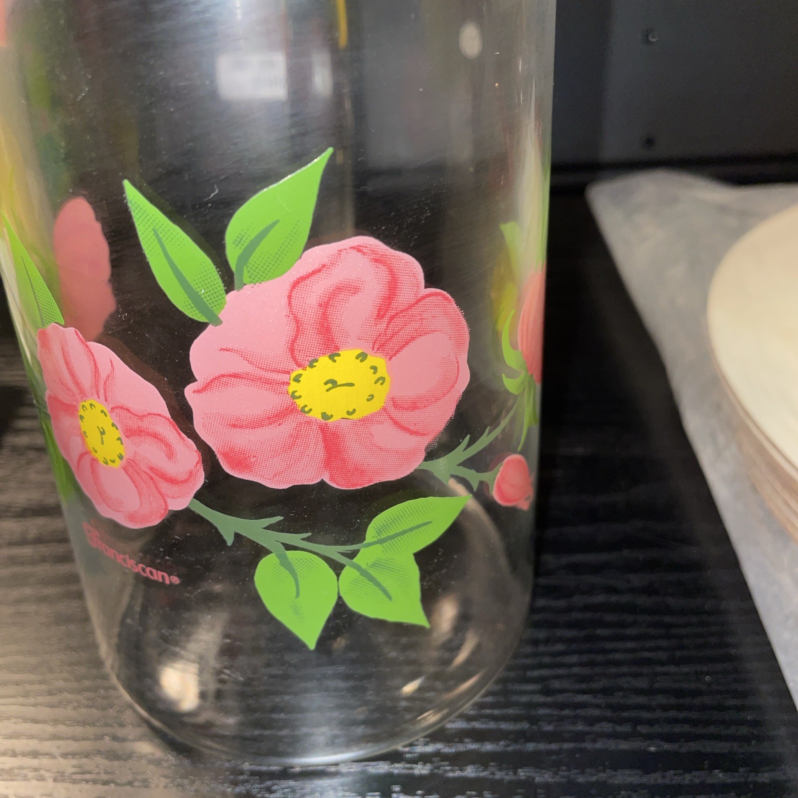 Vintage Franciscan Desert Rose Clear Glass Pink Flower 7.75 in Cocktail Pitcher