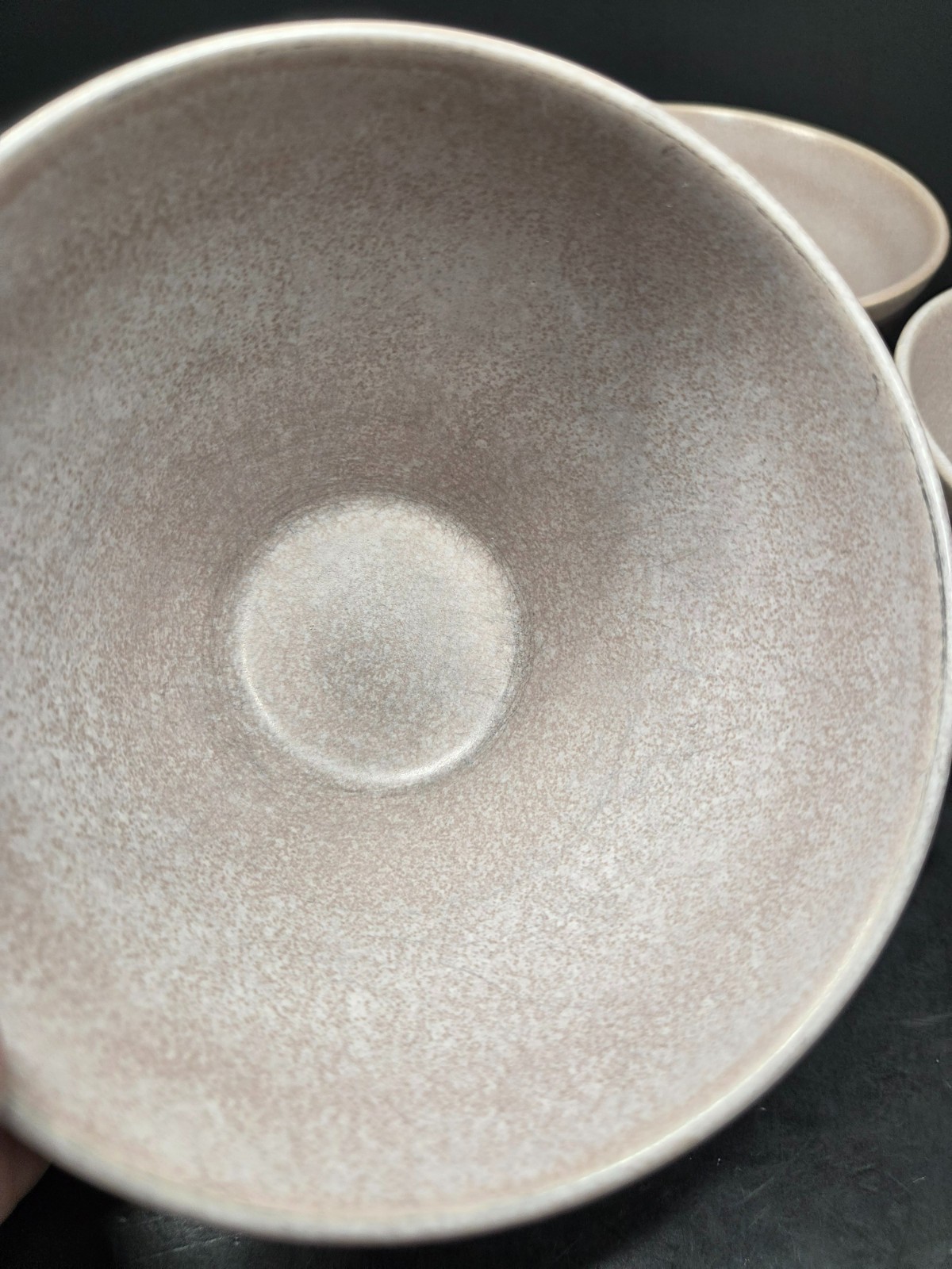 Baum Brothers HARPER Cereal Soup Bowls Mist Tan Blue Speckled Grey Band Set 4