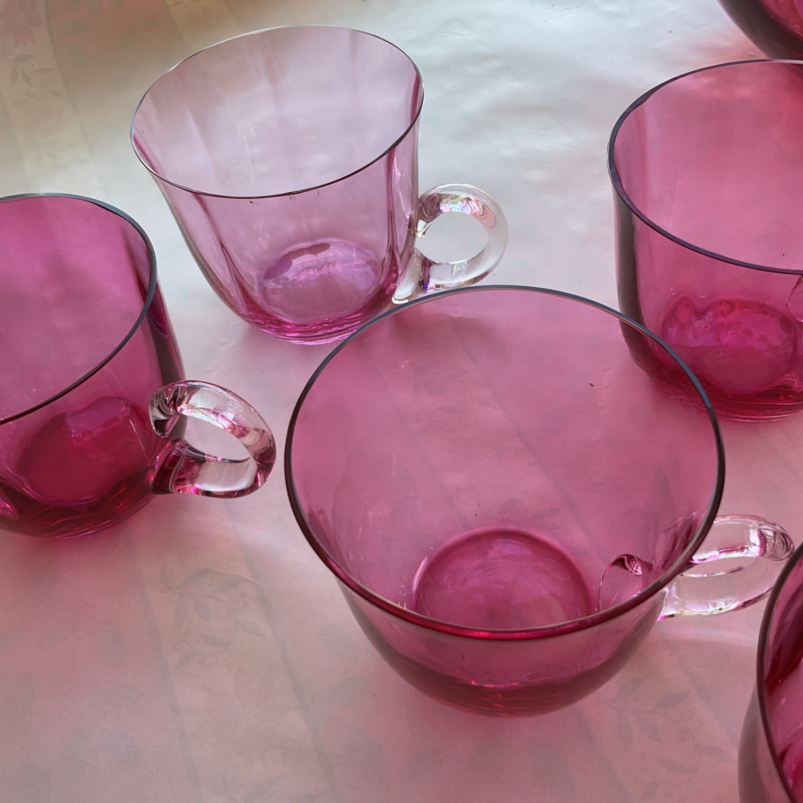 Antique Cranberry Pink Glass Punch Bowl Set w/ 10 Handled Cups Pilgrim Optic