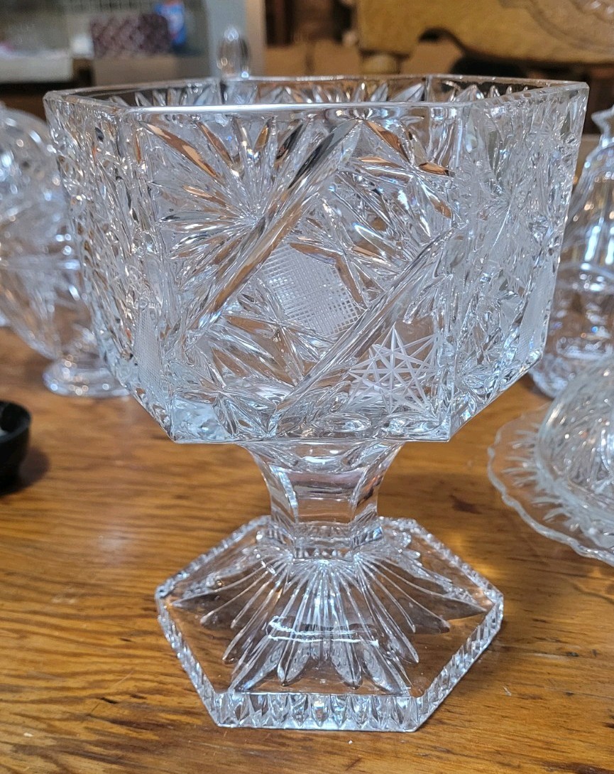 Bohemian Cut Crystal Footed Centerpiece Bowl From Czech Republic Octagonal