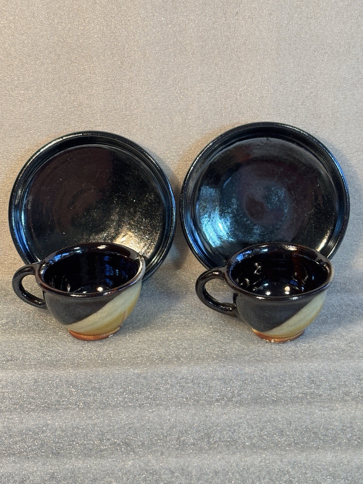 Studio Ceramic Pottery 2 cups & 2 Saucers Hand-Made Black Brown Yellow