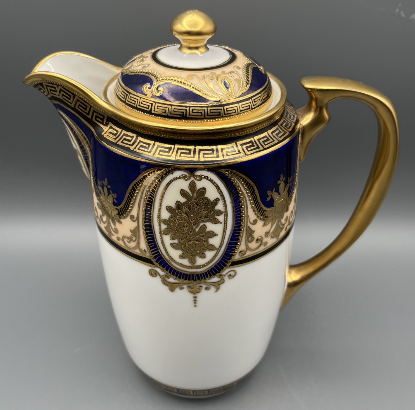 Rare Noritake Cobalt & Gold Ornate Neoclassical Coffee Pot Greek Key Porcelain