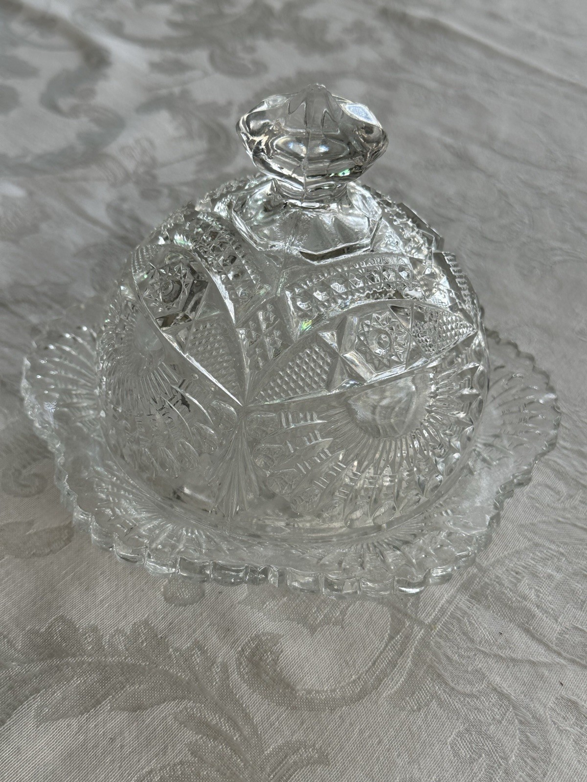 Antique US Glass Co. Rising Sun Clear Lead Crystal Glass Round Covered Butter