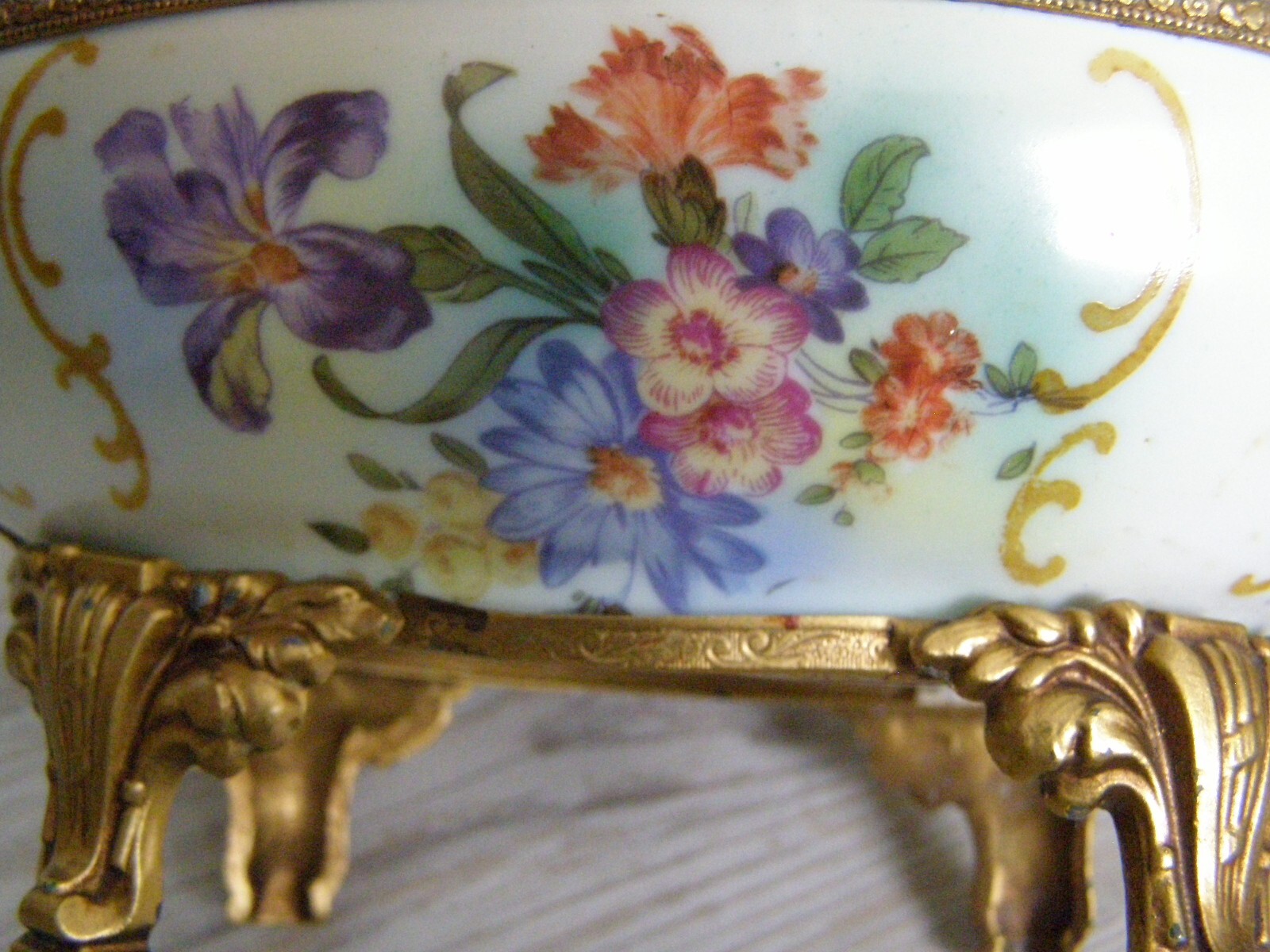 Antique Karlovy Vary Porcelain Serving Dish Gilt metal base bottom stamped #23