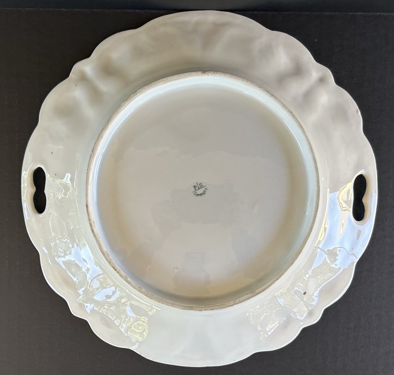 Antique PS Germany Porcelain Bowl 10 1/2″ Teal Blue With Pink Roses
