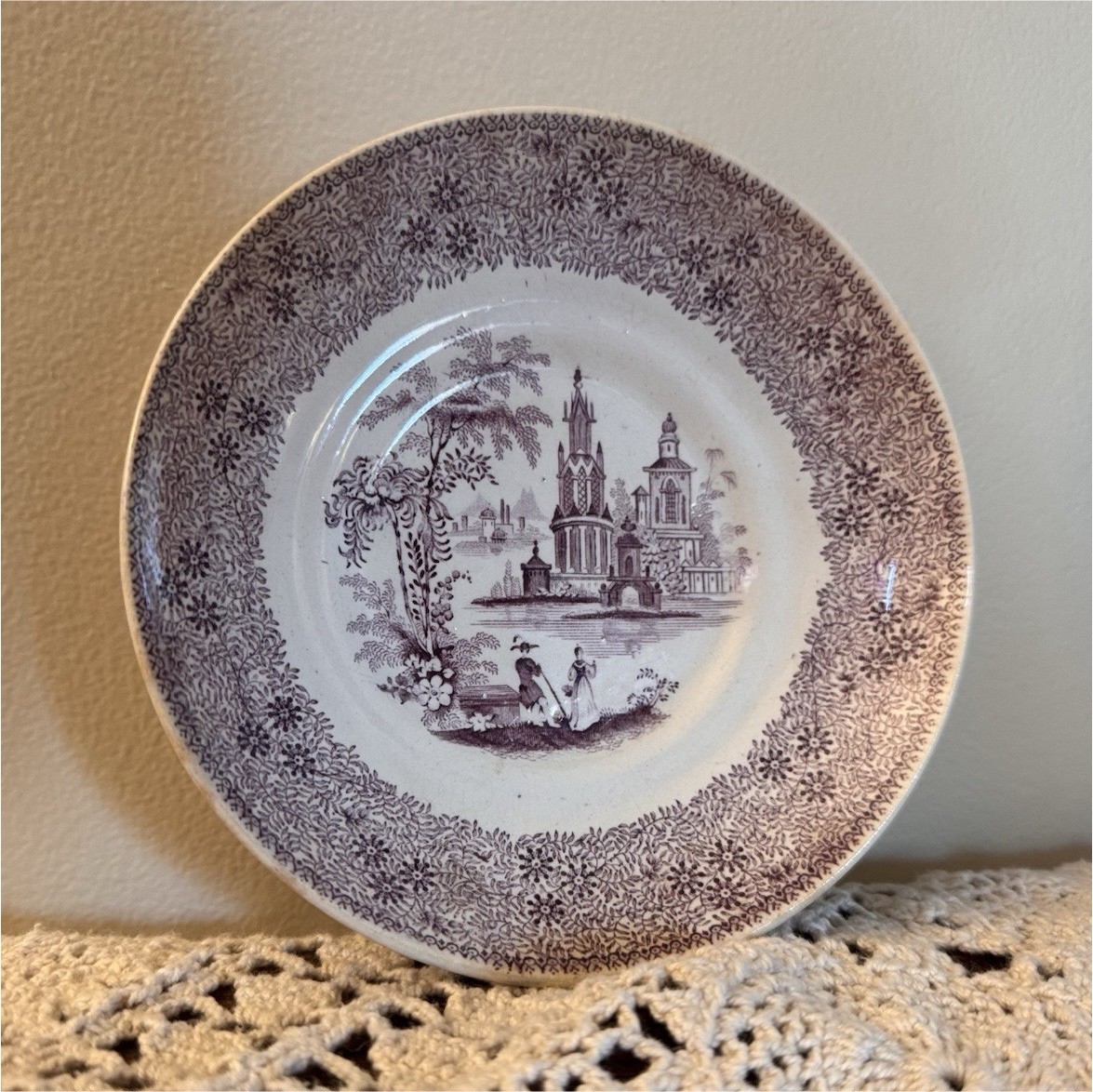 White & Purple Transferware Style Decorative Plate Scenic Church Floral Border