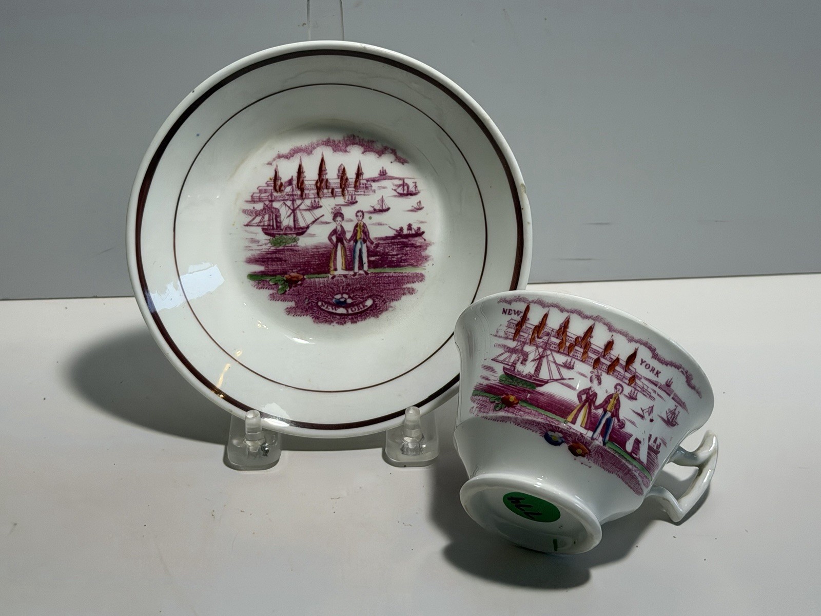 Historical Staffordshire Porcelain Cup and Saucer With View Of New York Ca. 1840