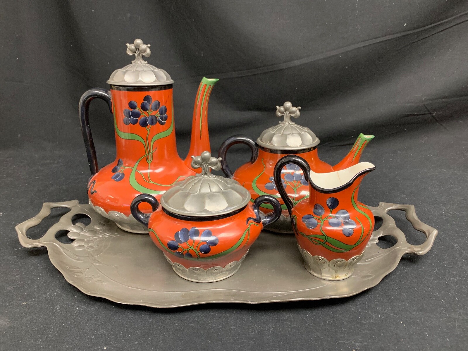 Orivit Four Piece 1900’s Mettlach Coffee and Tea Set w/ Tray