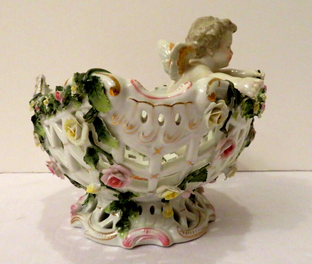 Von Schierholz Antique German Dresden Porcelain 10x10x7 Cherub Bowl Vase Basket