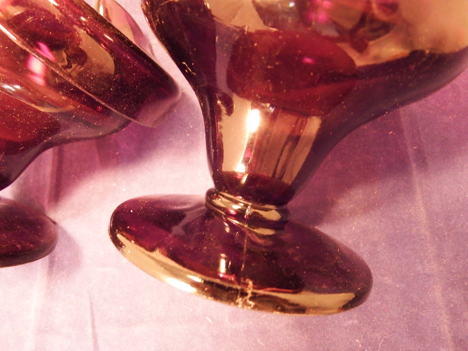 PAIR OF AMETHYST DEEP PURPLE GLASS DUAL PINCHED SIDES PEDESTAL CANDY DISHES 5″