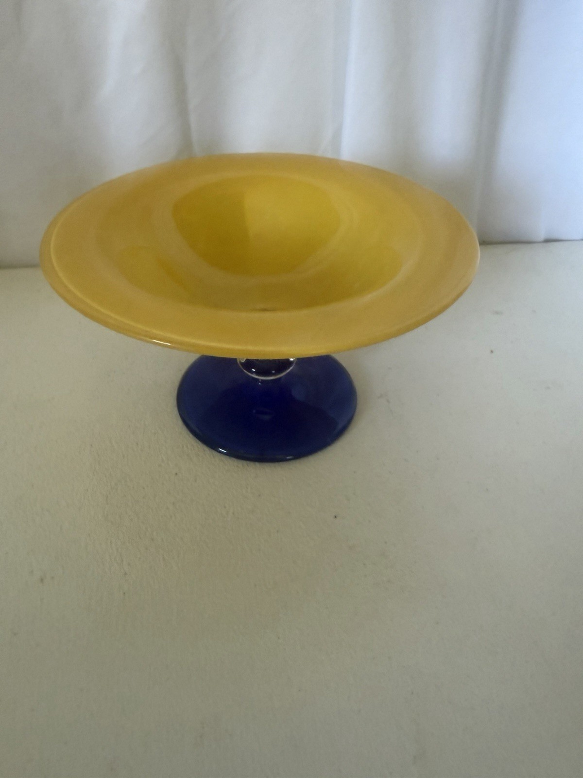 Vtg Art Deco painted Yellow Pedestal Glass Bowl W Cobalt Blue Stand pede