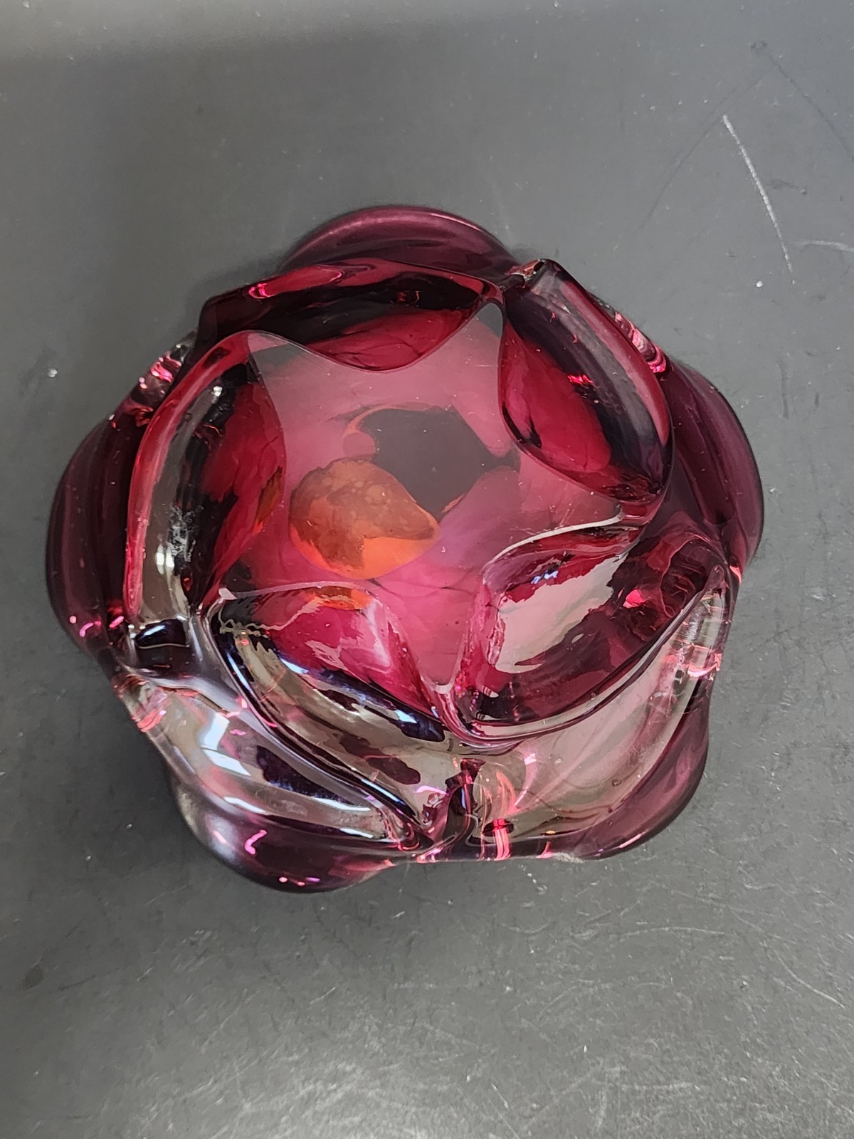Bohemian Glass Bowl Pinched Side Purple Orange Swirled Bottom