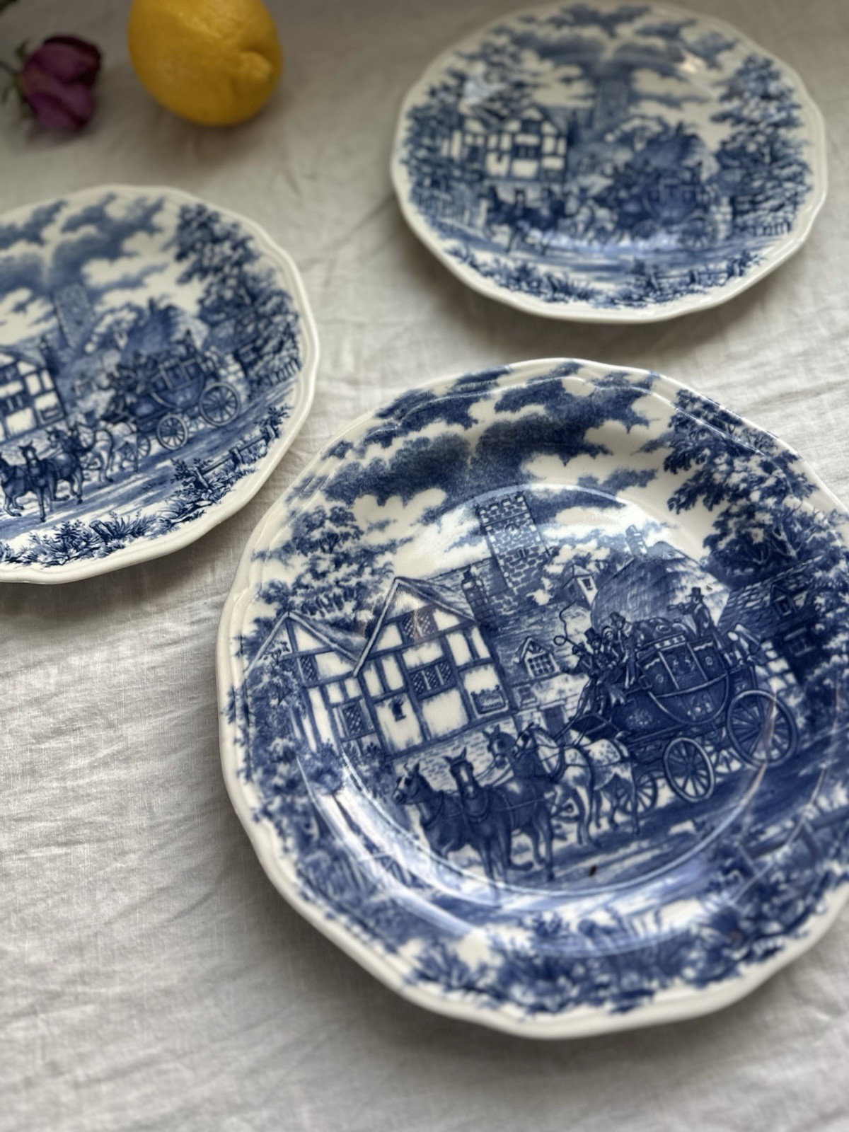 Oxford Vitramik Blue and White Village Scene Round Pottery Plates Set