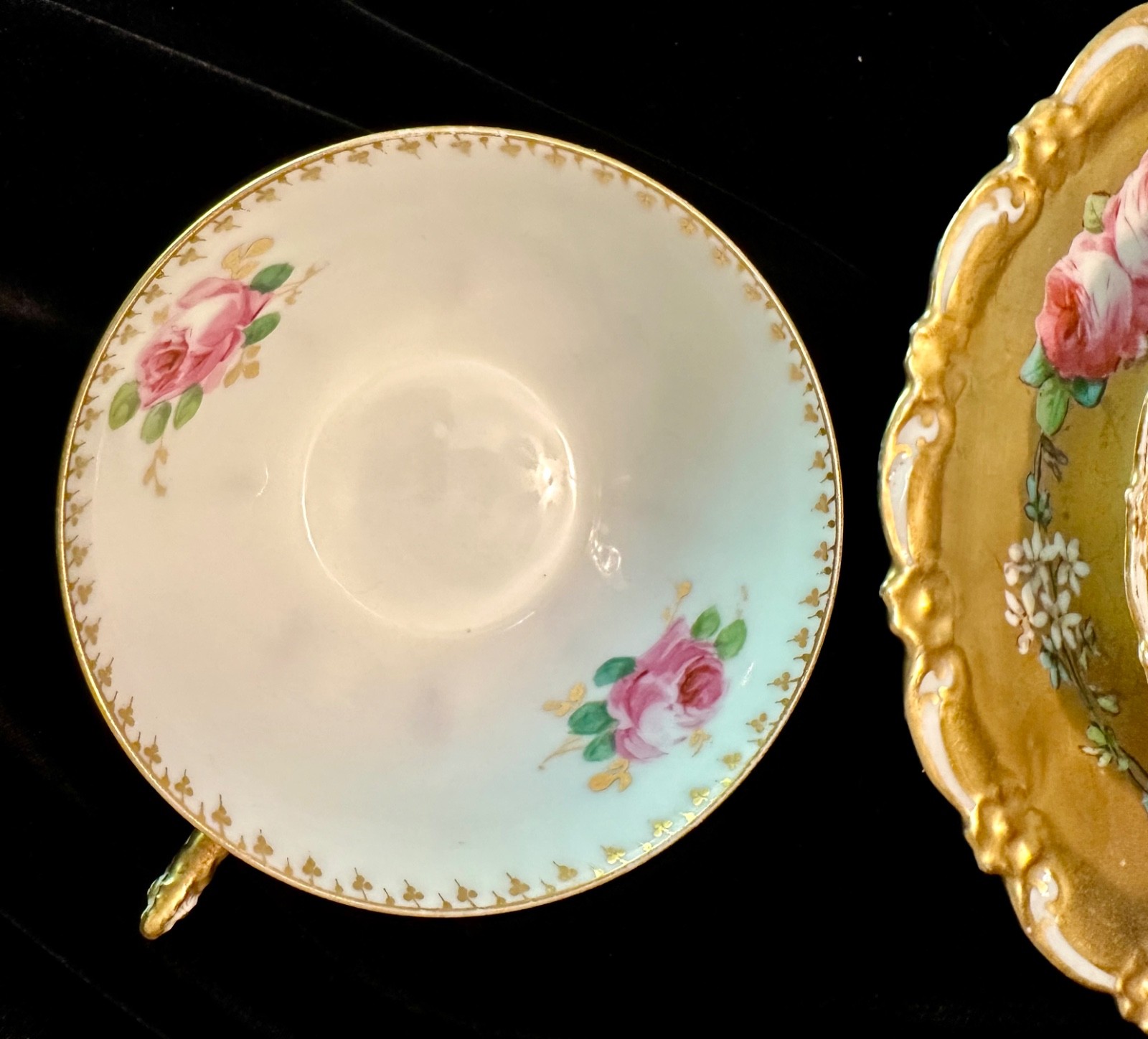 Antique Limoges Coronet Heavy Gold Cabbage Roses Trio Cup Saucer Plate handpaint