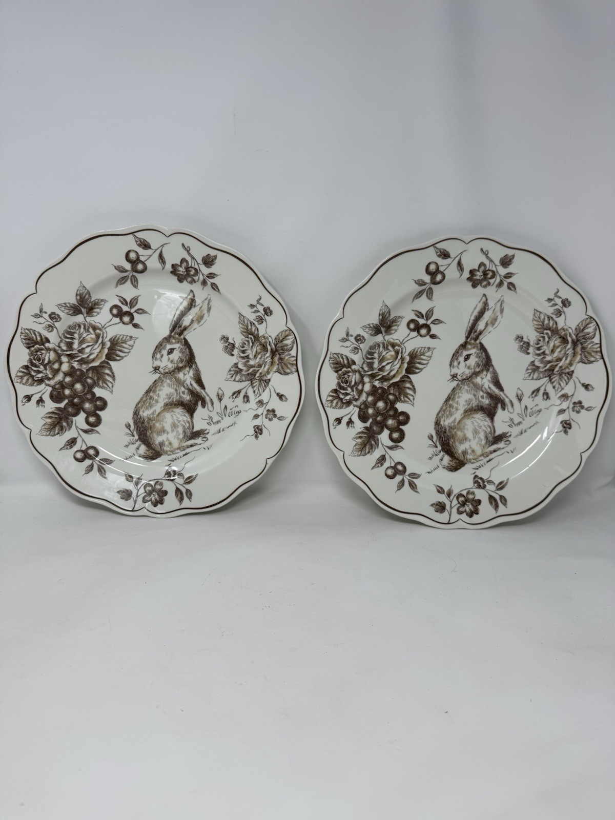 2 New Maxcera Toile Bunny Brown Rabbit Easter 11 1/2 Plates VHTF
