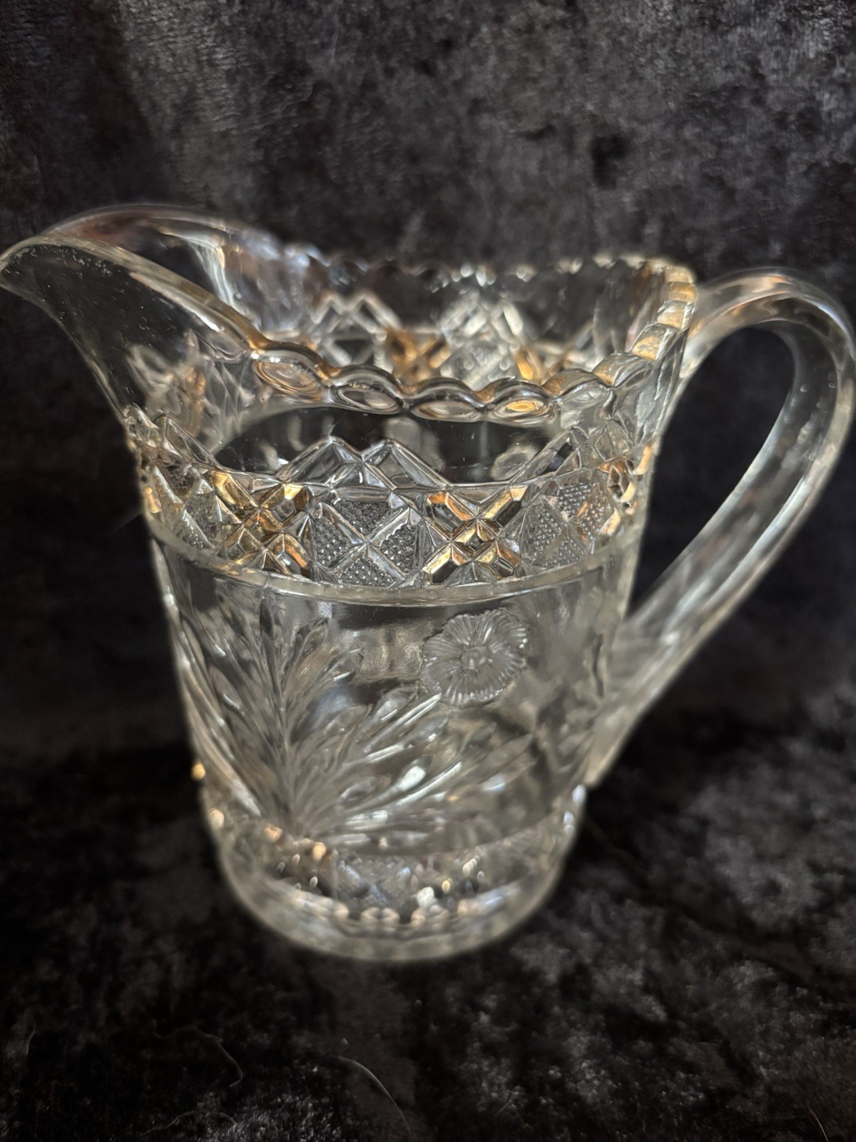 EAPG Indiana Glass Co No. 156; Horsemint Pitcher Gold Trim 8.25″ 1915