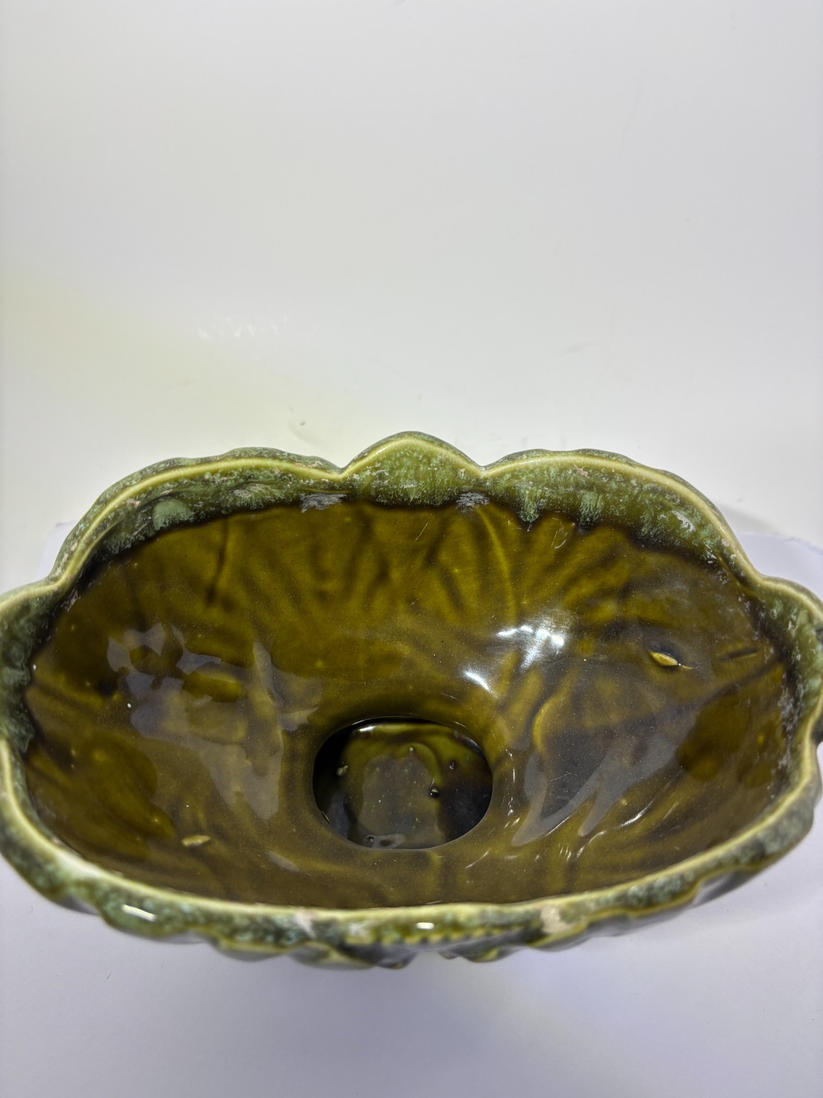 Vintage MCM Green Drip Glaze Footed Compote Bowl – Scalloped Leaf Design