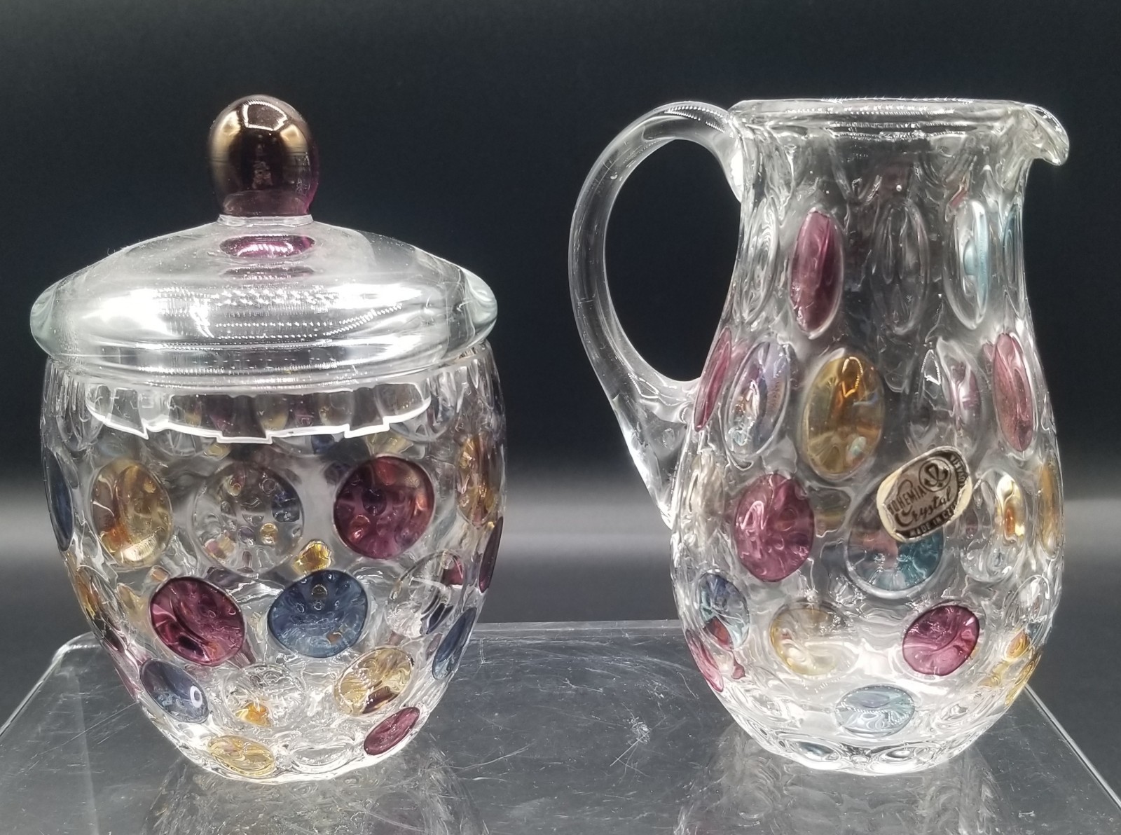 Vintage Borske Sklo Bohemia Crystal Nemo Thumbprint Creamer & Sugar MCM