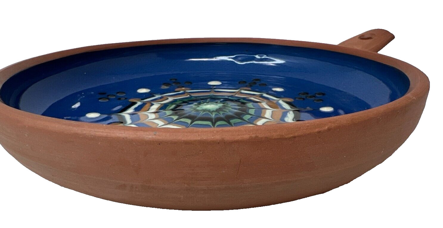 Bideford Studio Pottery Slip Glazed Earthenware Round Bowl Dish with Handle