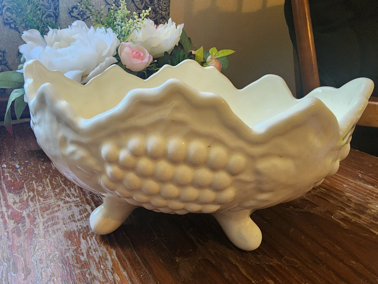 Vintage White Milk Glass Grapevine Footed Fruit Bowl, Classic Raised Vine Design