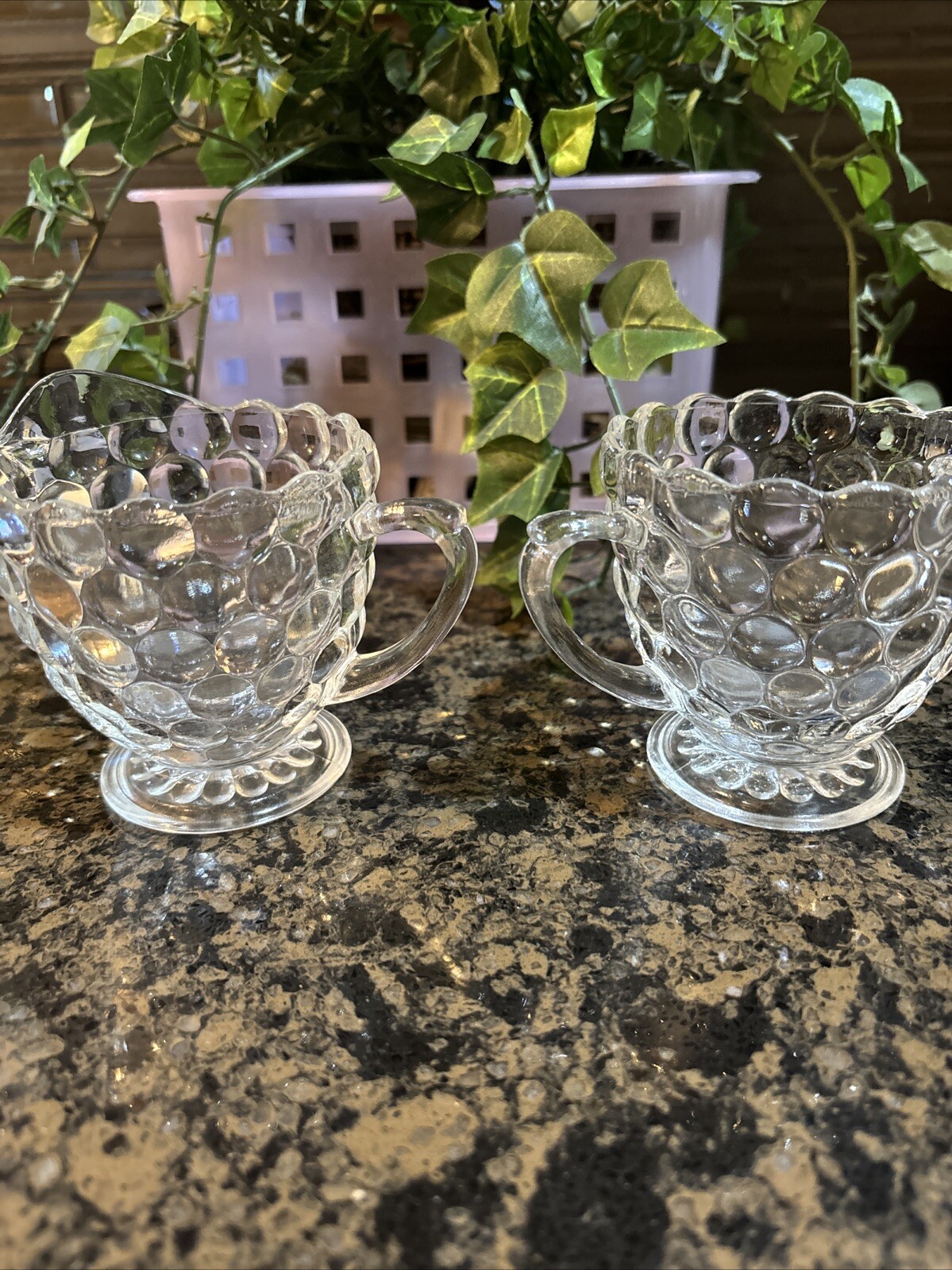 Vintage Clear Bubble Design Creamer and Sugar Bowl