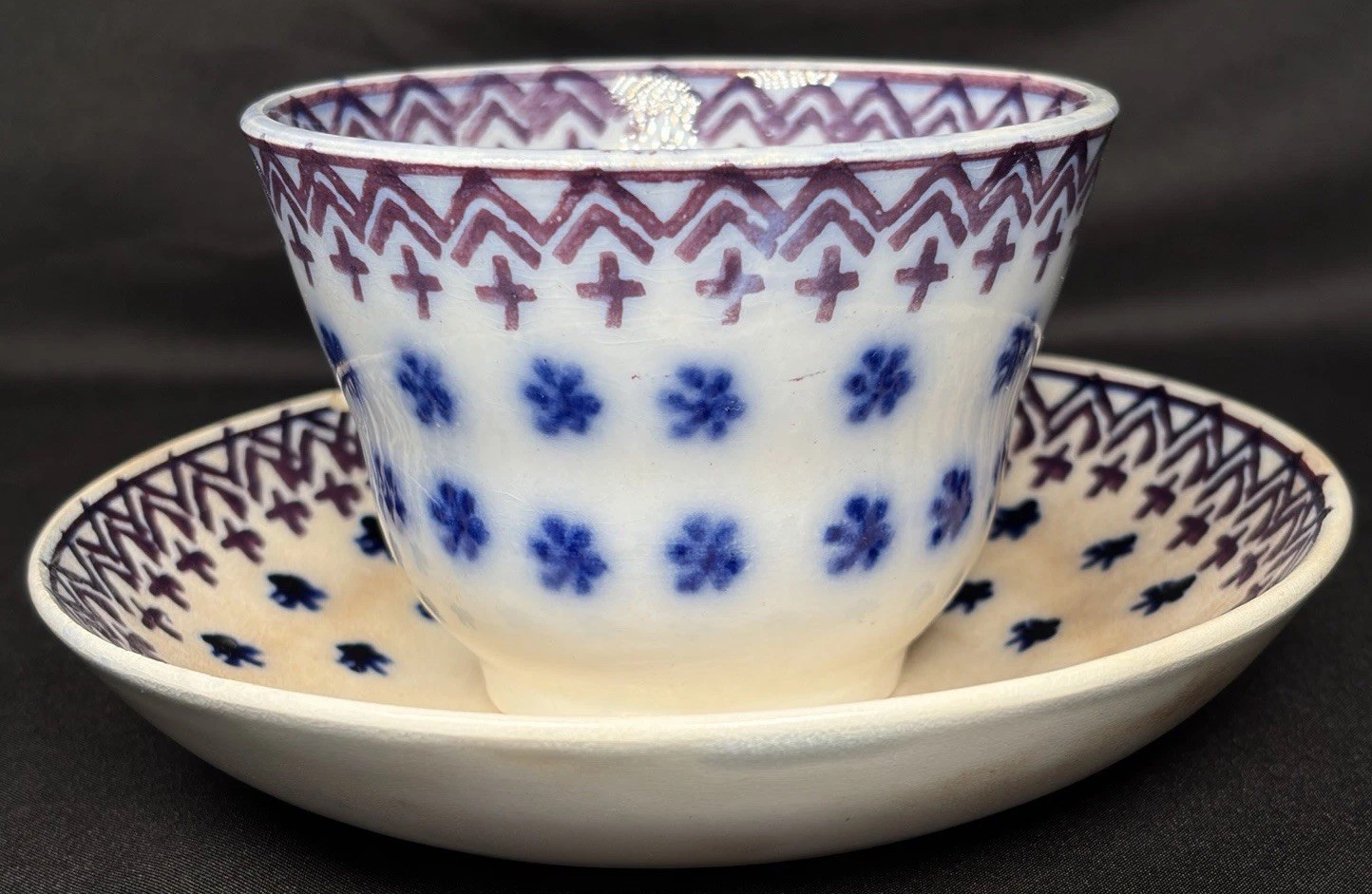 Antique Staffordshire Flow Blue Amish Snowflake Handleless Cup Saucer c1840