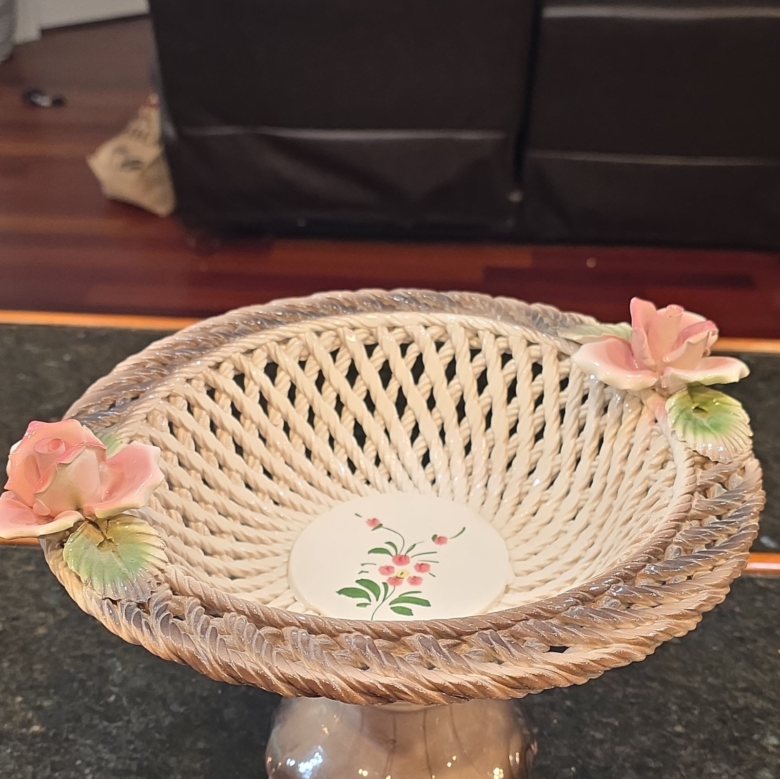 Italian capodimonte Pedestal reticulated basket Bowl with floral details.