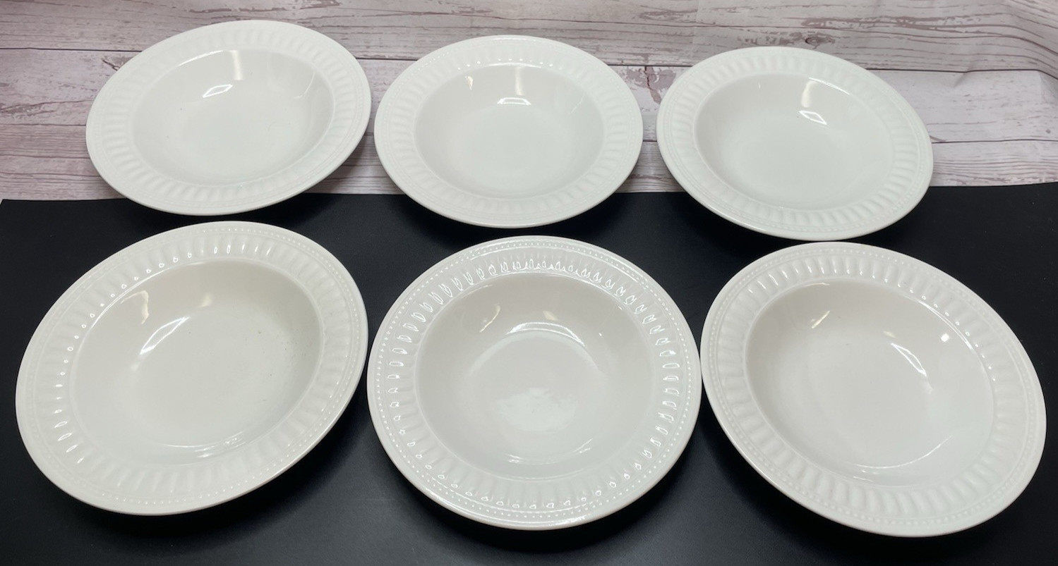 ONEIDA ARIEL PATTERN SOUP BOWLS SET OF 6 WHITE EMBOSSED RIM 8-7/8in ATHENA