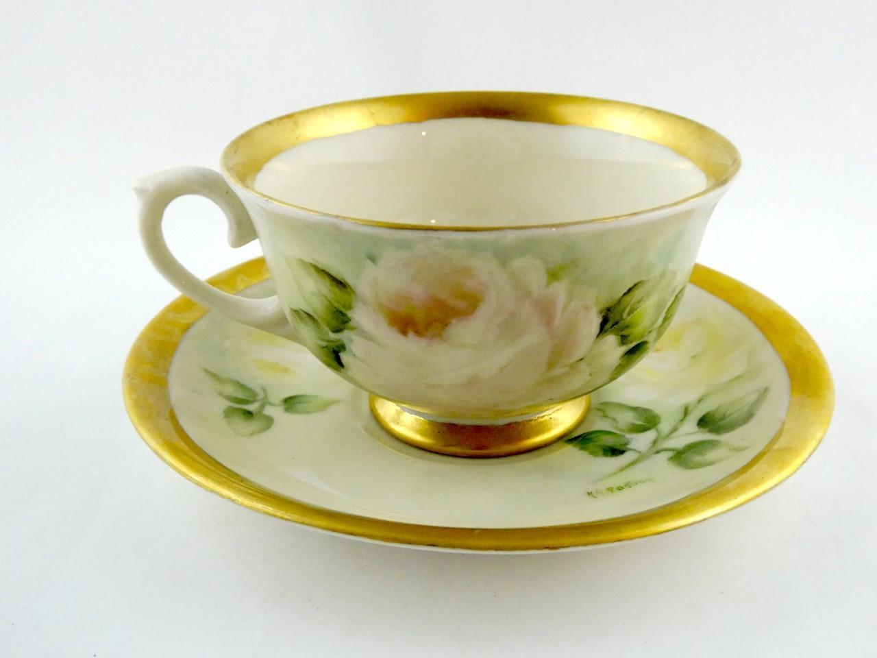 1970s Hand Painted Floral Porcelain 5 Pc Place Setting White Roses Signed VGOOD