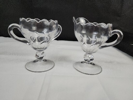 Footed Glass Creamer and Sugar Bowl Clear Glass with Scalloped Edge And Handles