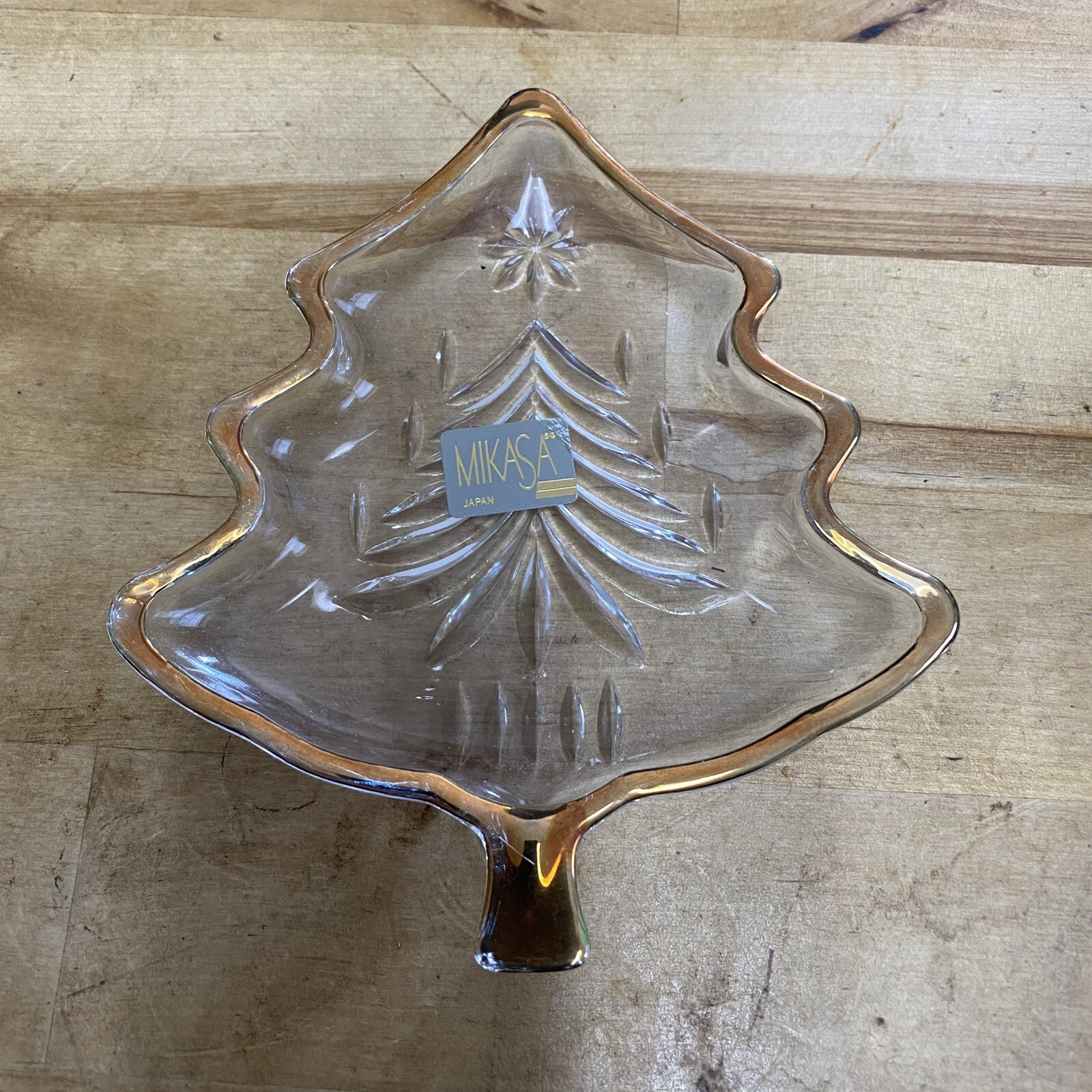 Mikasa Candy Nut Dish Tree Shaped Clear Embossed Glass Gold Trim Pre-Owned