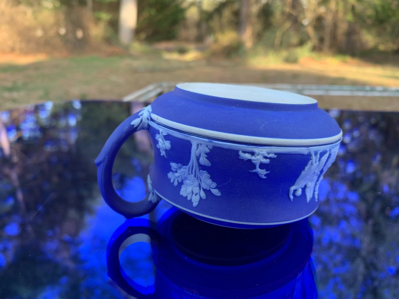 Wedgwood Jasperware Cobalt Blue Creamer 2 1/8″ Tall Made in England Circa 1900