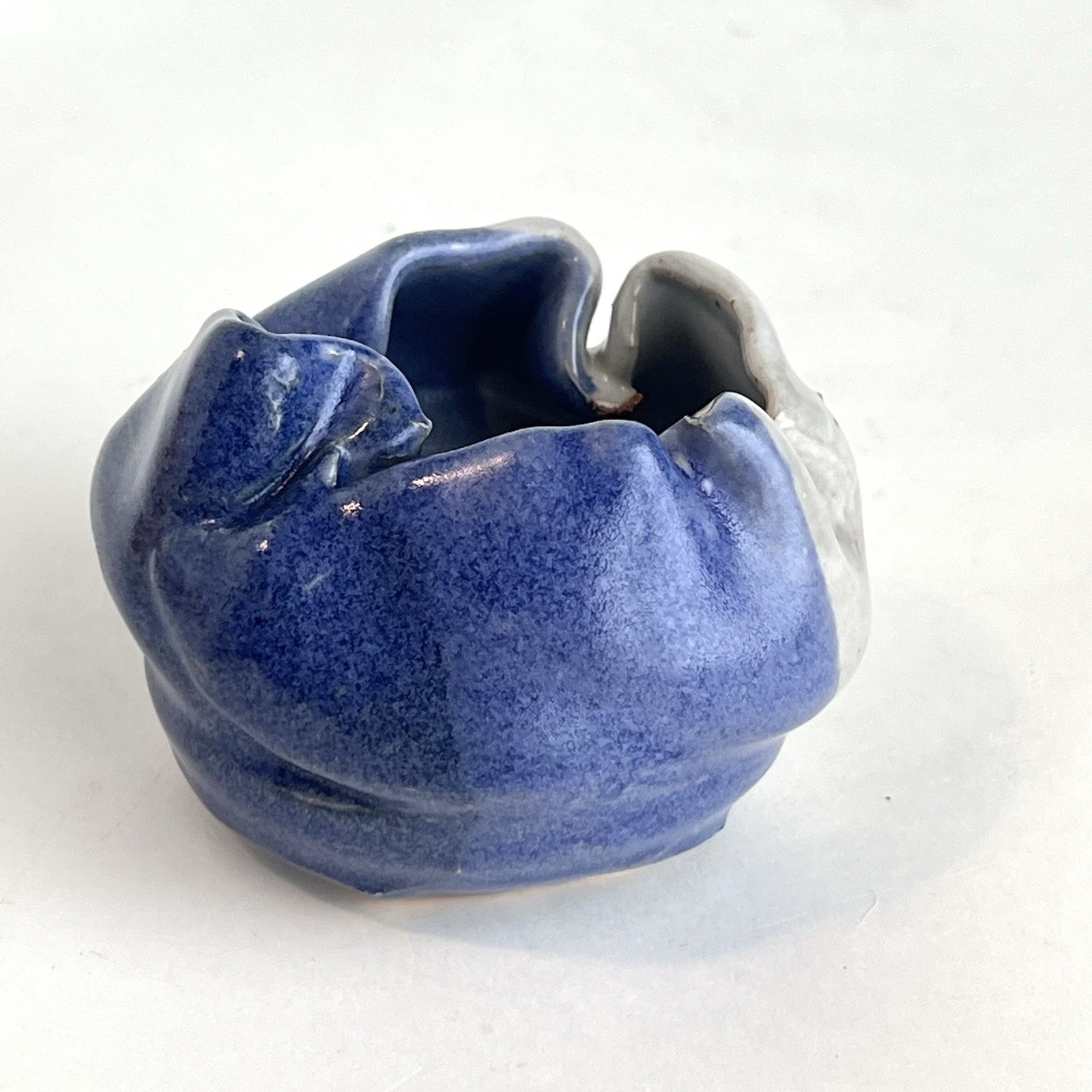 Ruffled Asymmetrical Edge Mini Art Pottery Bowl Hand Thrown Blue Gray Signed A T