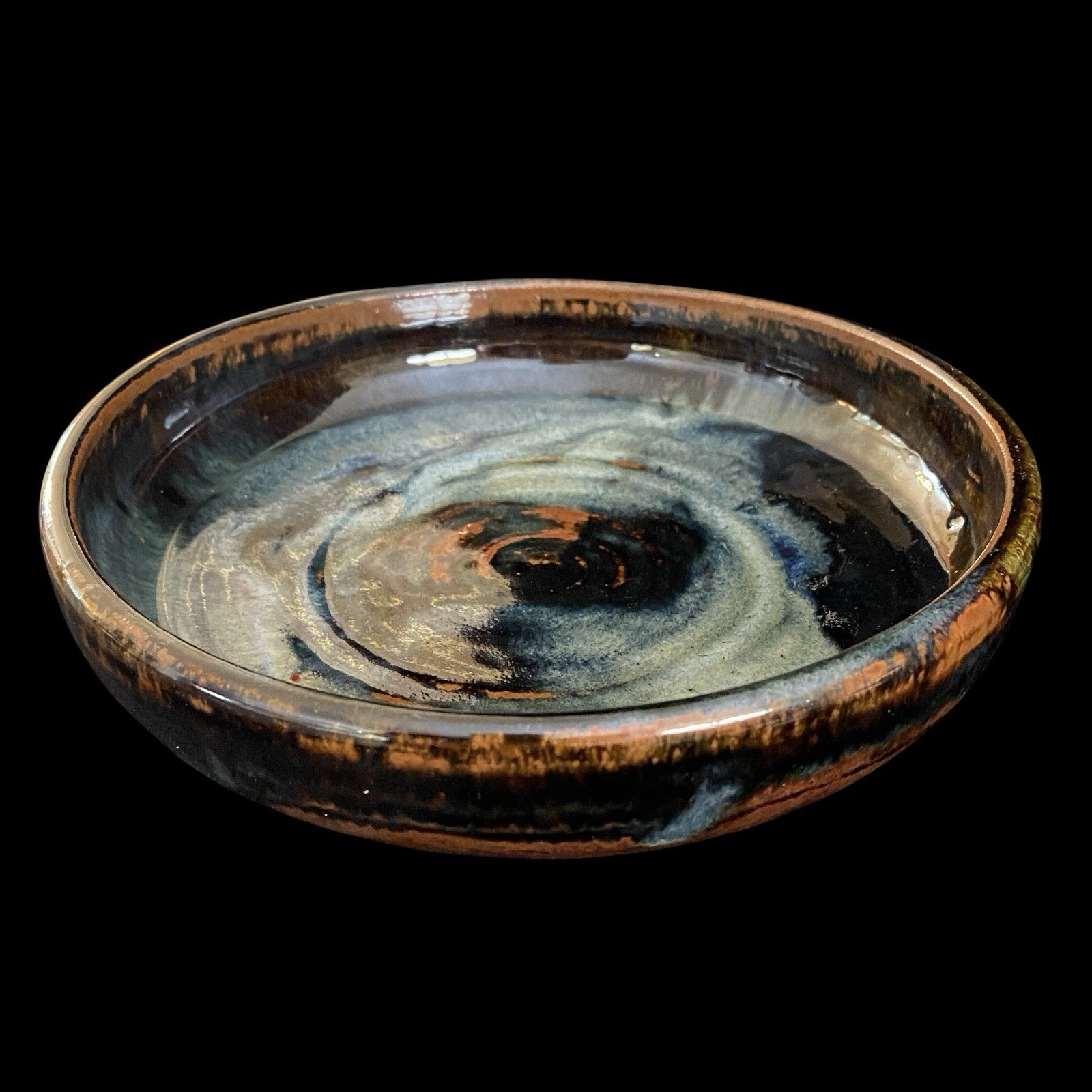 VTG Blue Brown Drip Glaze 8” Shallow Bowl Studio Art Pottery Stoneware Signed