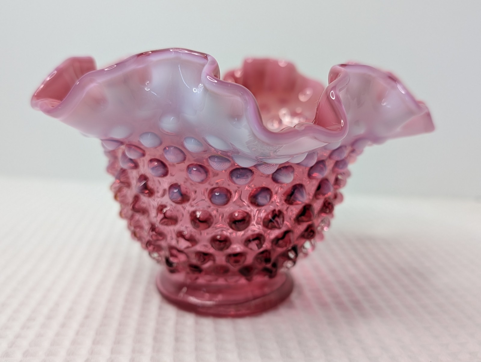 Fenton Cranberry Opalescent Candy Bowl Dish Hobnail Ruffled Vtg Snap Ring Marks