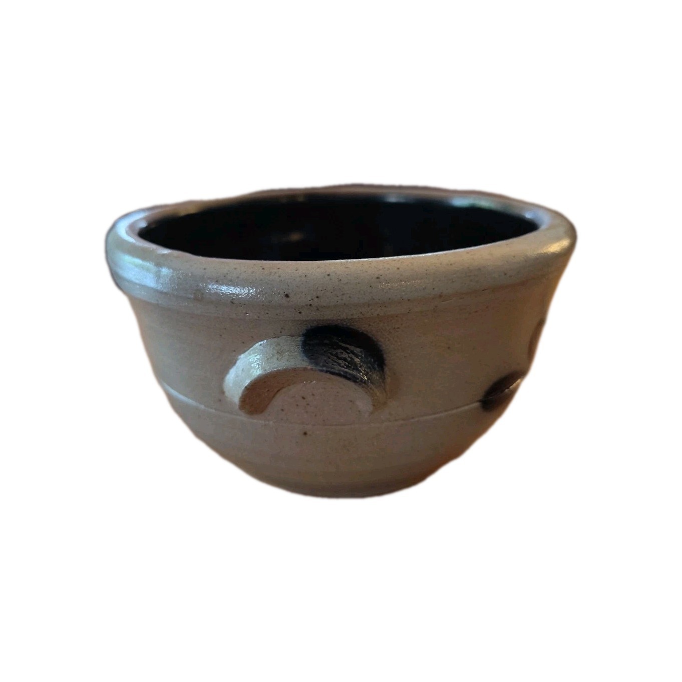 Rowe Pottery Works 1988 Handled Bowl, Blue Heart Salt Glazed 5″ Rim X 2.75 H