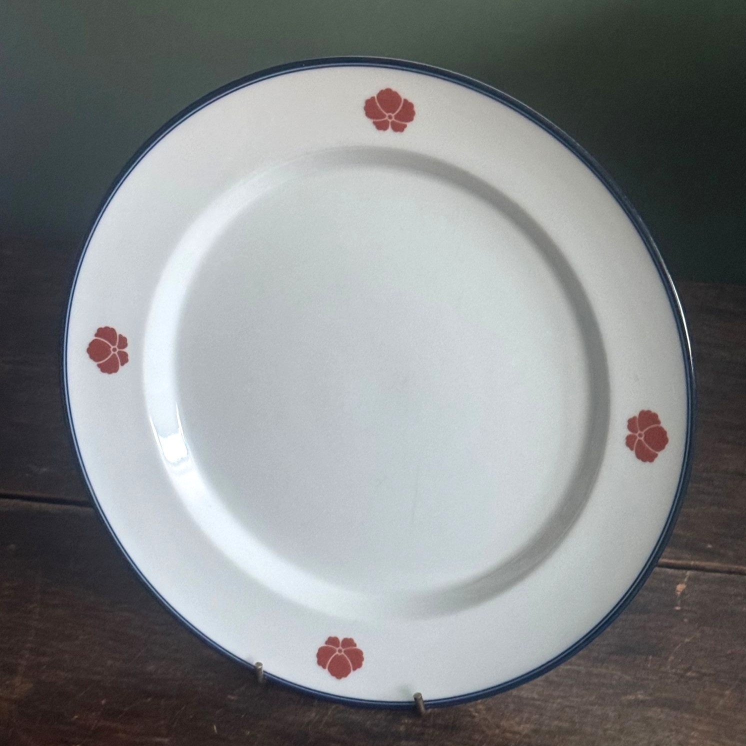 Four Dansk 10.5″ Dinner Plates Cobalt Blue Trim Rust Flower