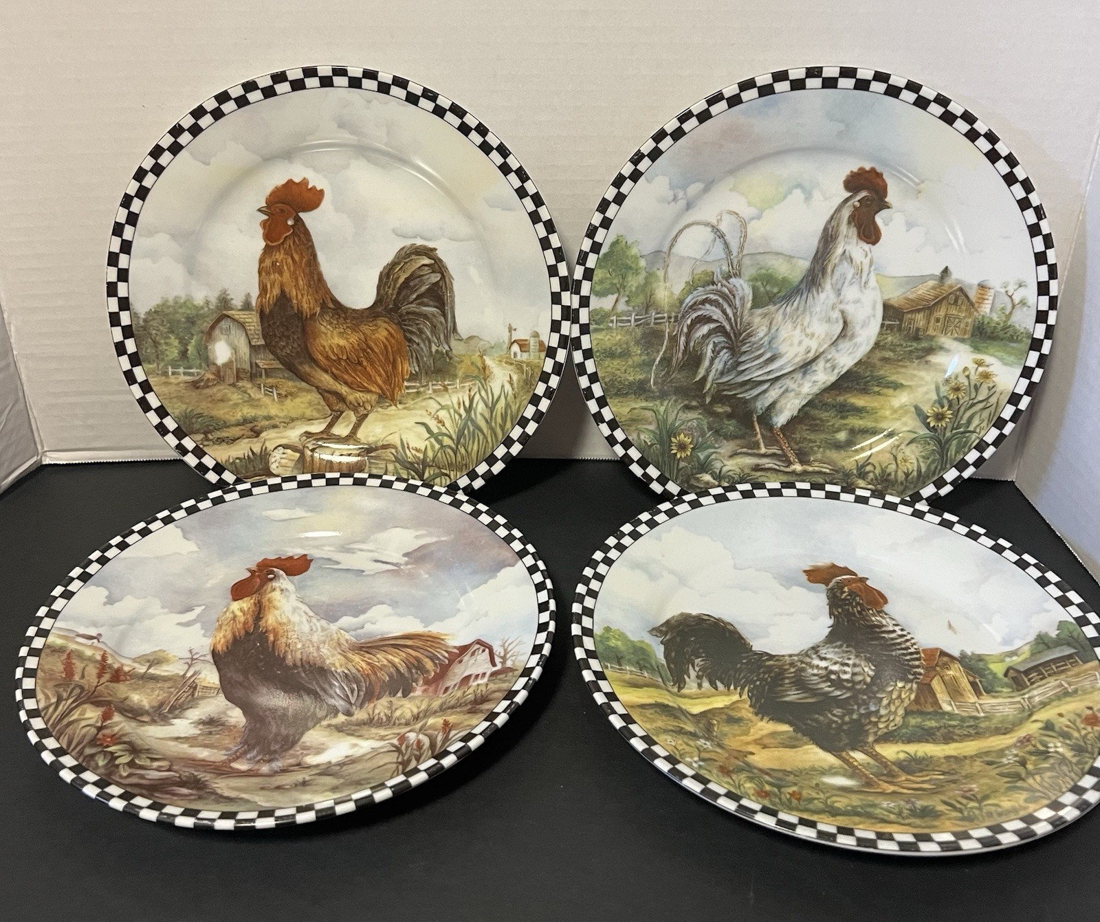 Farmhouse Set of 4 Ceramic Rooster Plates Rustic Black White Checker Border 8”W