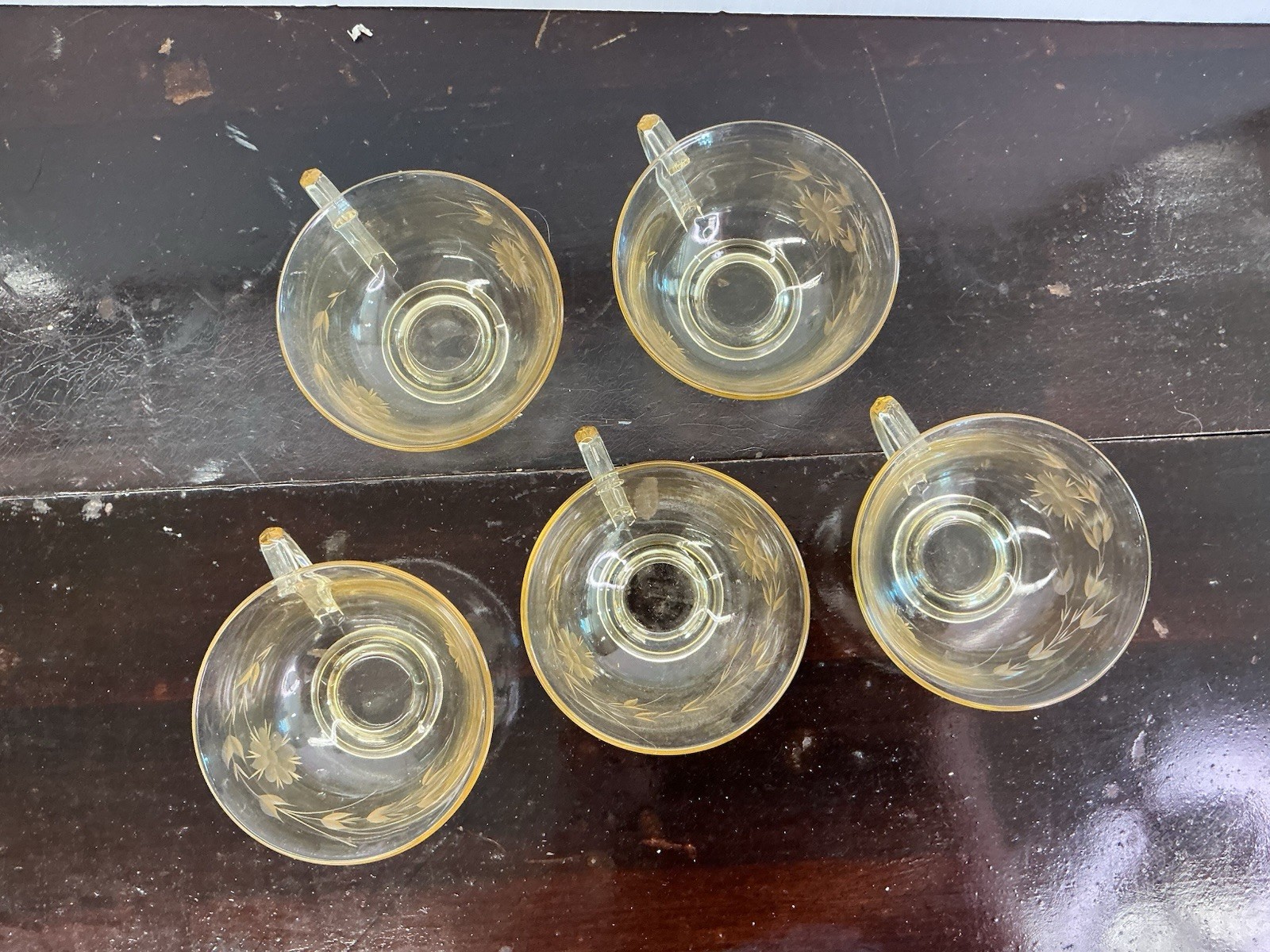 Etched Yellow Depresssion Glass Set Of 5 Cups And 7 Saucers