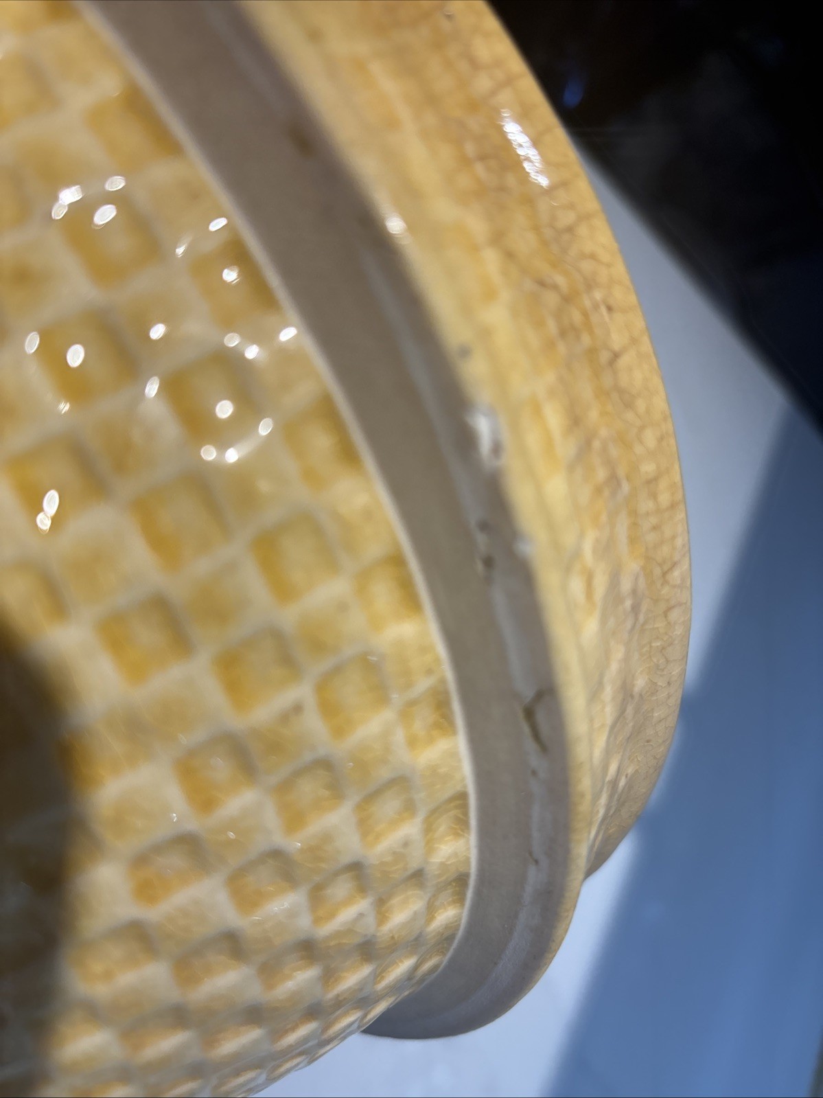Antique Rare McCoy Yellow Ware Pottery 10.25 Inch Checkerboard Large Mixing Bowl