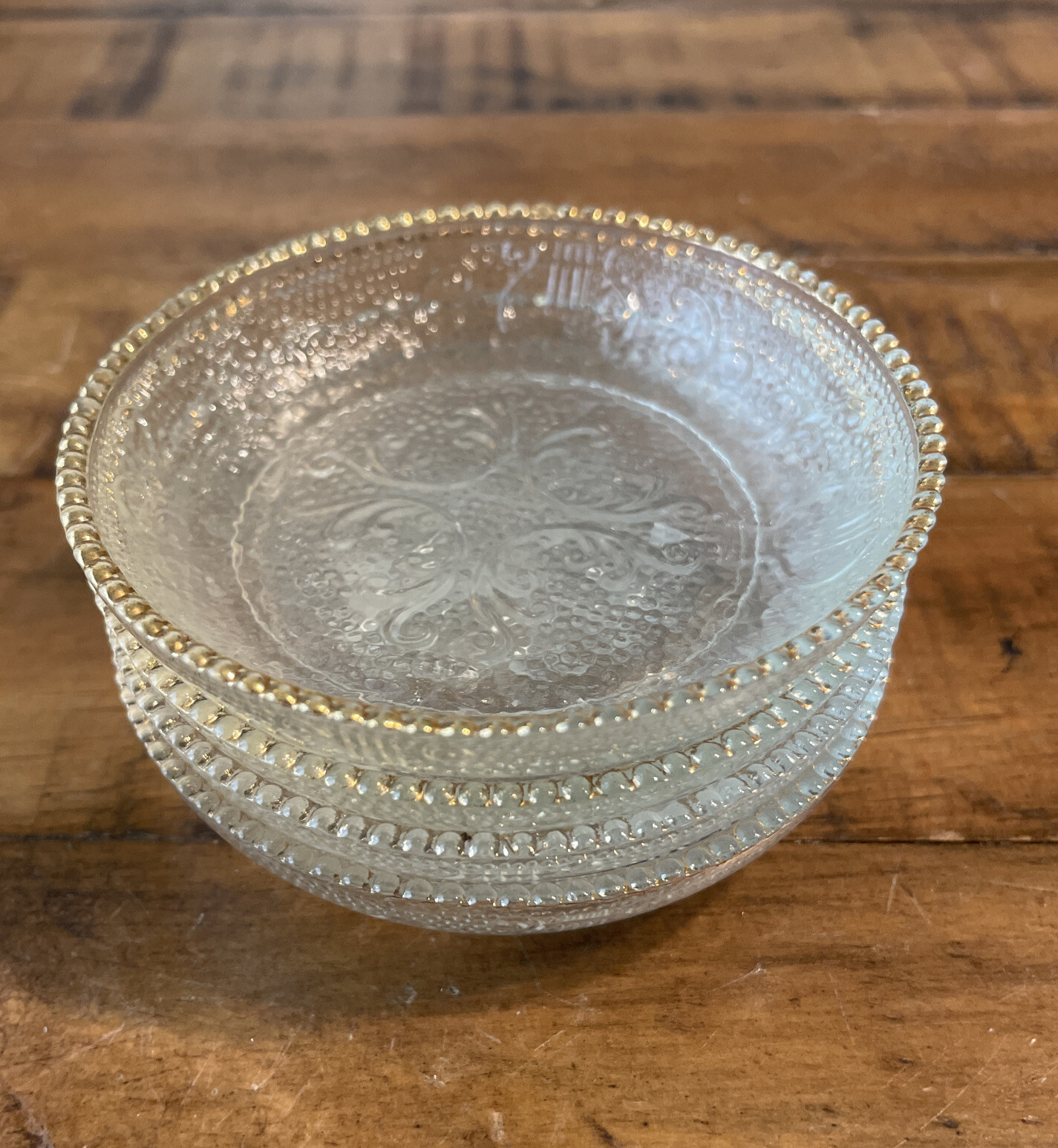 4 Jeannette HARP CRYSTAL ” CUPS & SAUCERS * 4 Ashtrays/coasters & 4 Salad Plates