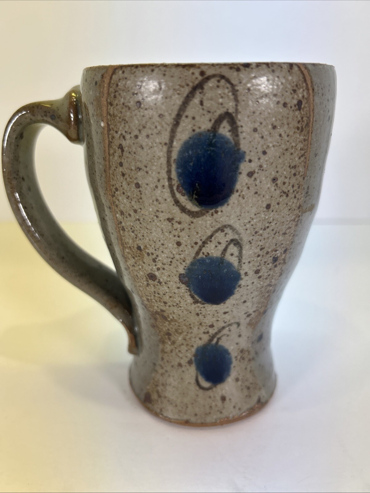 Studio Art Pottery Mug Gray Beige Blue Spotted Signed SRF 5”