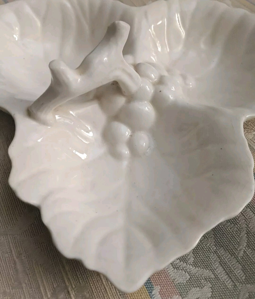 Antique Candy Dish Vintage Ivory White 3 Section Grape Leaves Stem Handle 1930s
