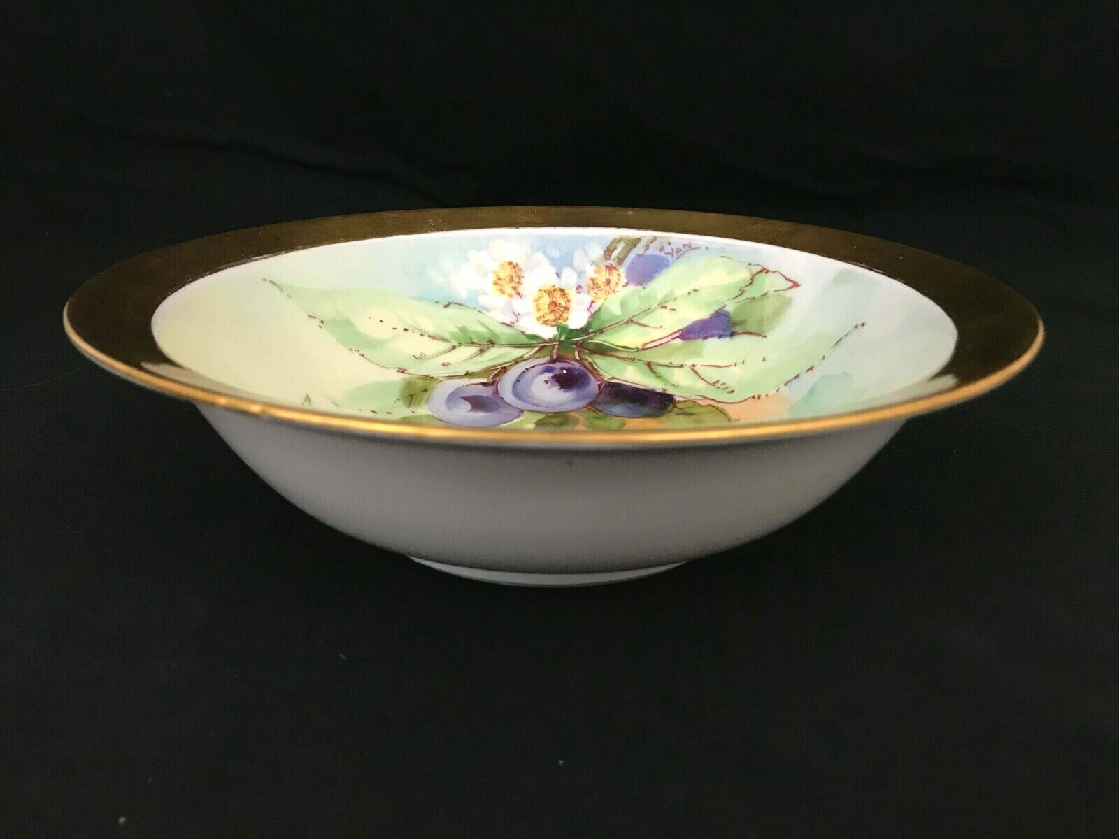 O&EG Royal Austria Berries Floral Serving Bowl w 6 Berry Bowls Set Artist Signed