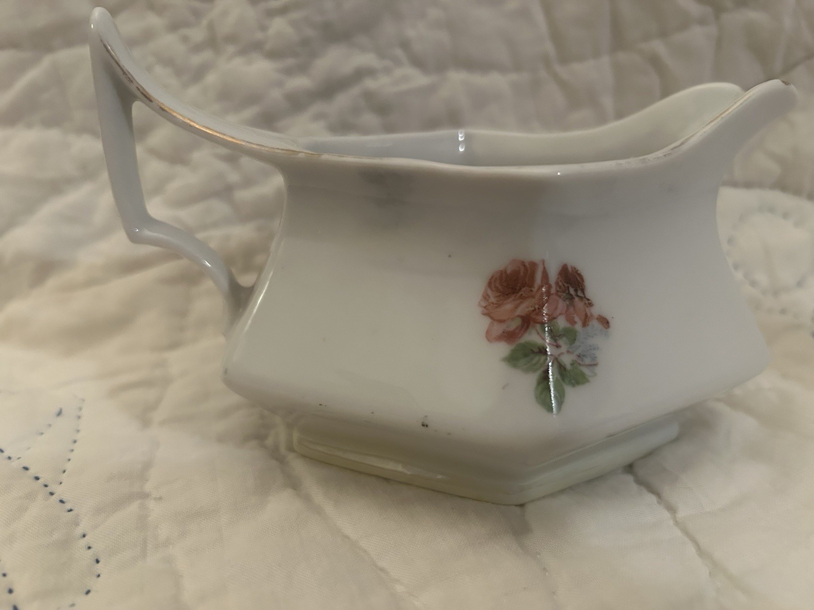 Porcelain Floral Gravy Boat, Hexagon Shape, White Pink Green, 6 in Glossy